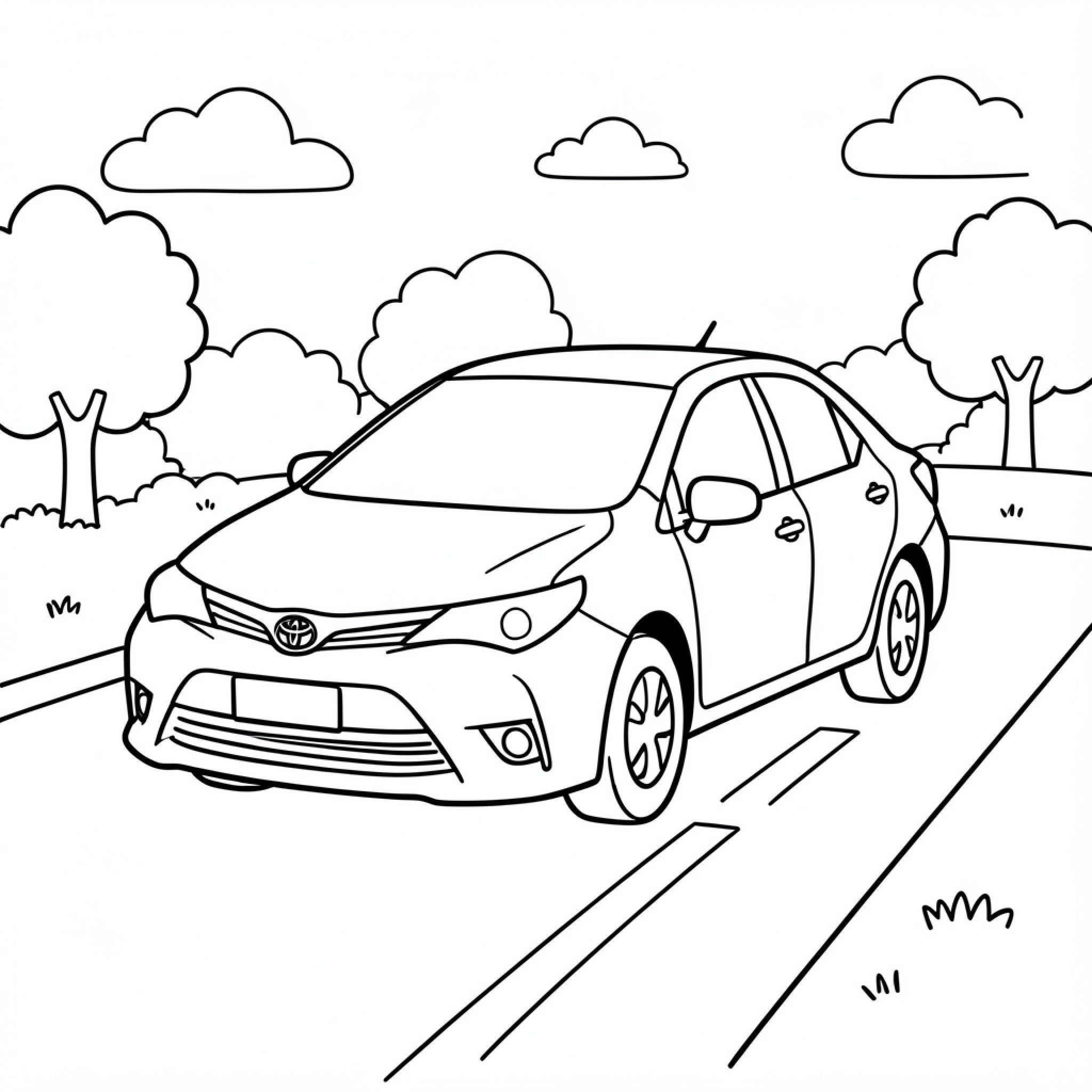 Easy Toyota Corolla driving along a scenic road Drawing Idea (free black-and-white line drawing printable PDF for all, from beginners to advanced learners, including children, teens, adults, and seniors)