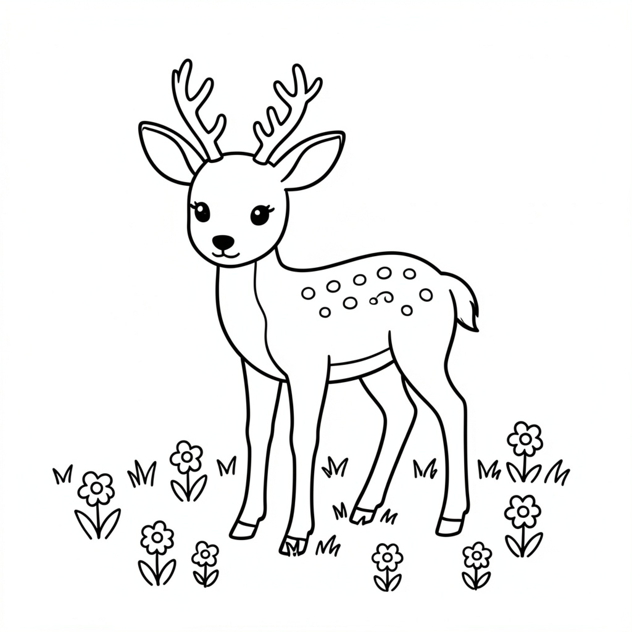 Easy Deer standing peacefully in a flower field Drawing Idea (free black-and-white line drawing printable PDF for all, from beginners to advanced learners, including children, teens, adults, and seniors)
