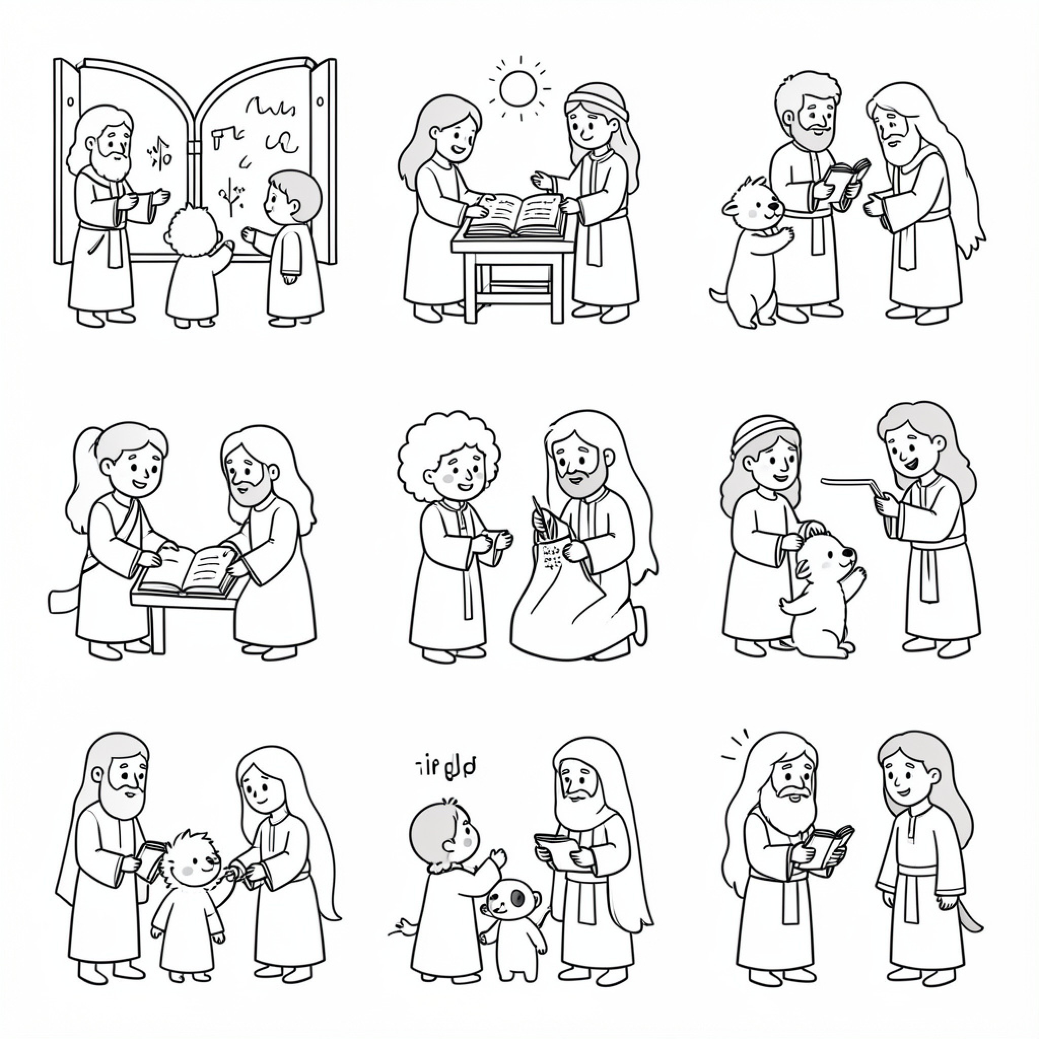 Easy Bible characters reading and interacting together Drawing Idea (free black-and-white line drawing printable PDF for all, from beginners to advanced learners, including children, teens, adults, and seniors)