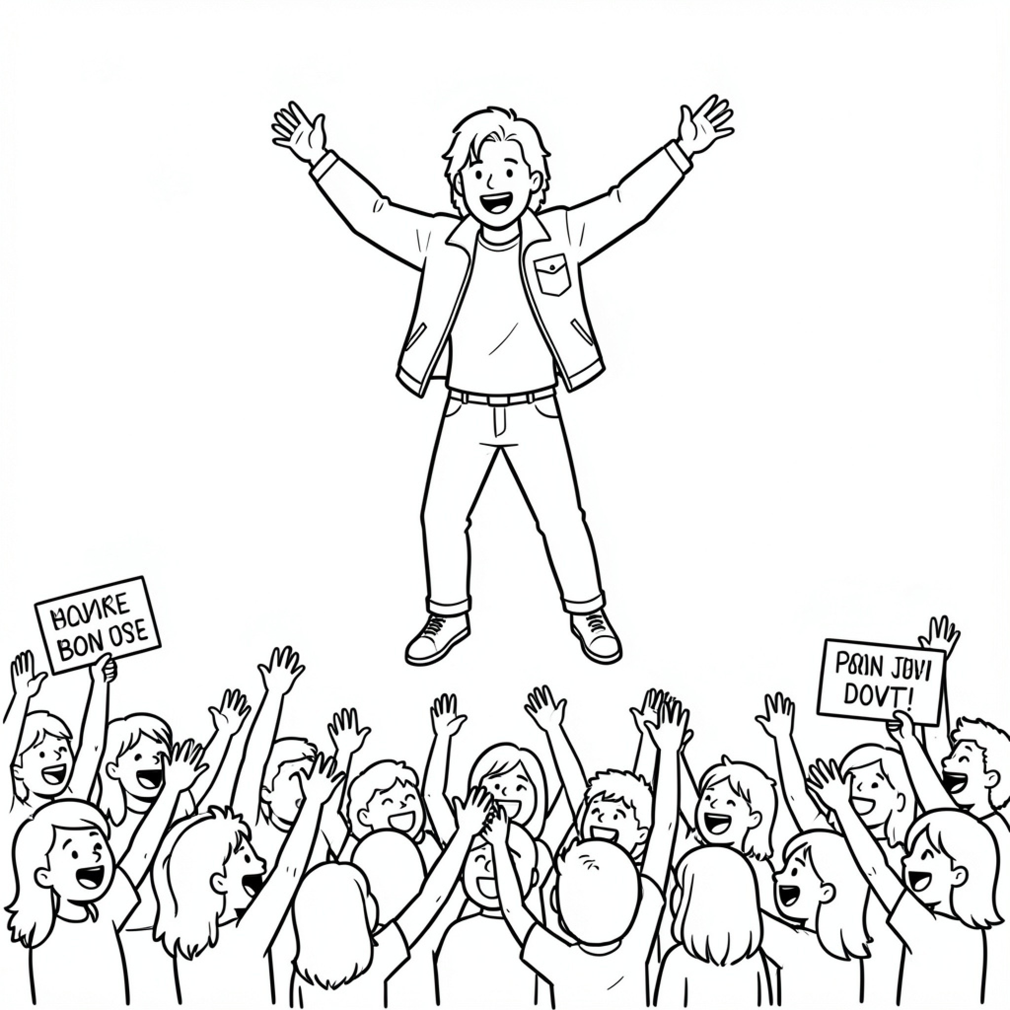 Easy Bon Jovi singer jumping joyfully before cheering fans Drawing Idea (free black-and-white line drawing printable PDF for all, from beginners to advanced learners, including children, teens, adults, and seniors)