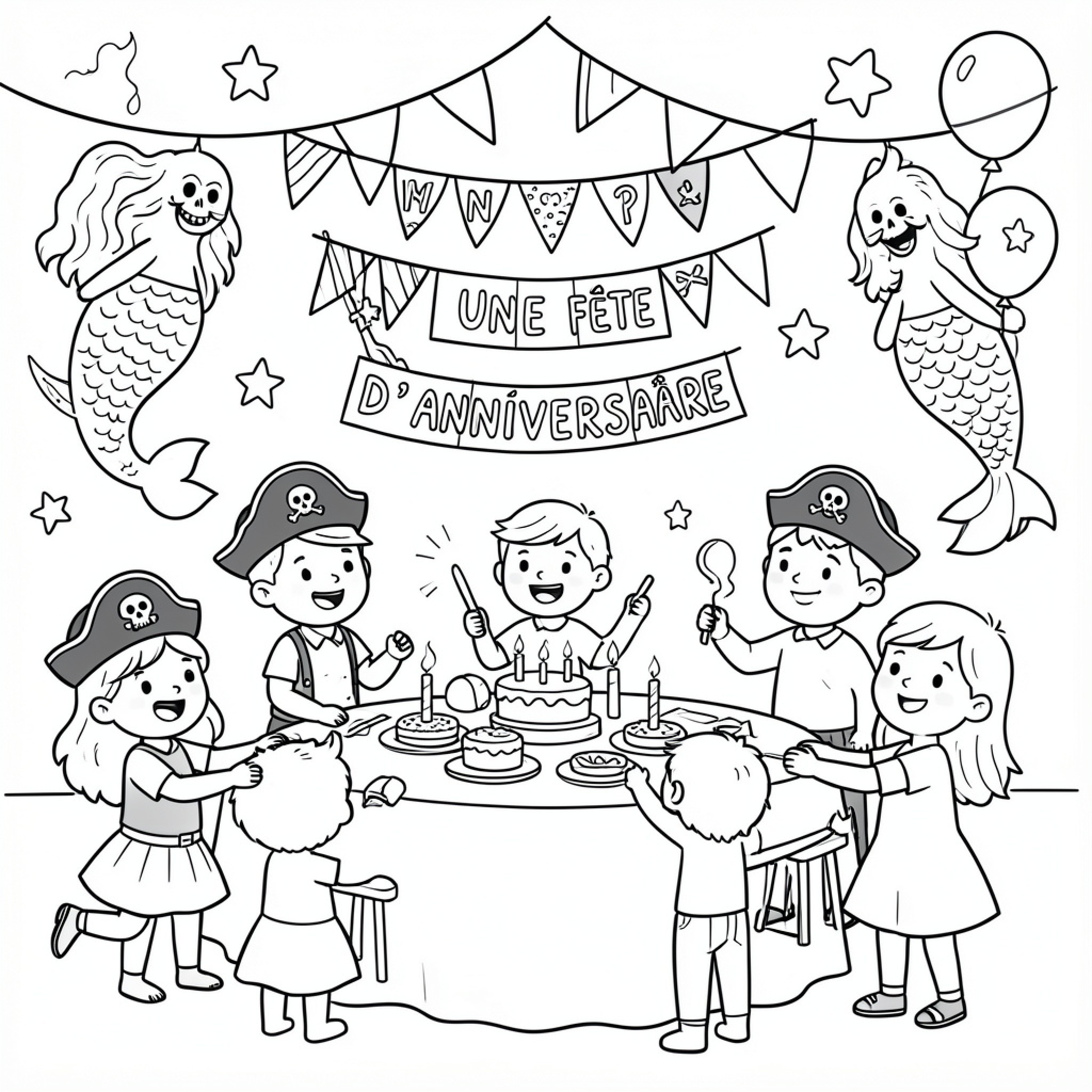 Easy Mermaid celebrating a birthday party with children Drawing Idea (free black-and-white line drawing printable PDF for all, from beginners to advanced learners, including children, teens, adults, and seniors)