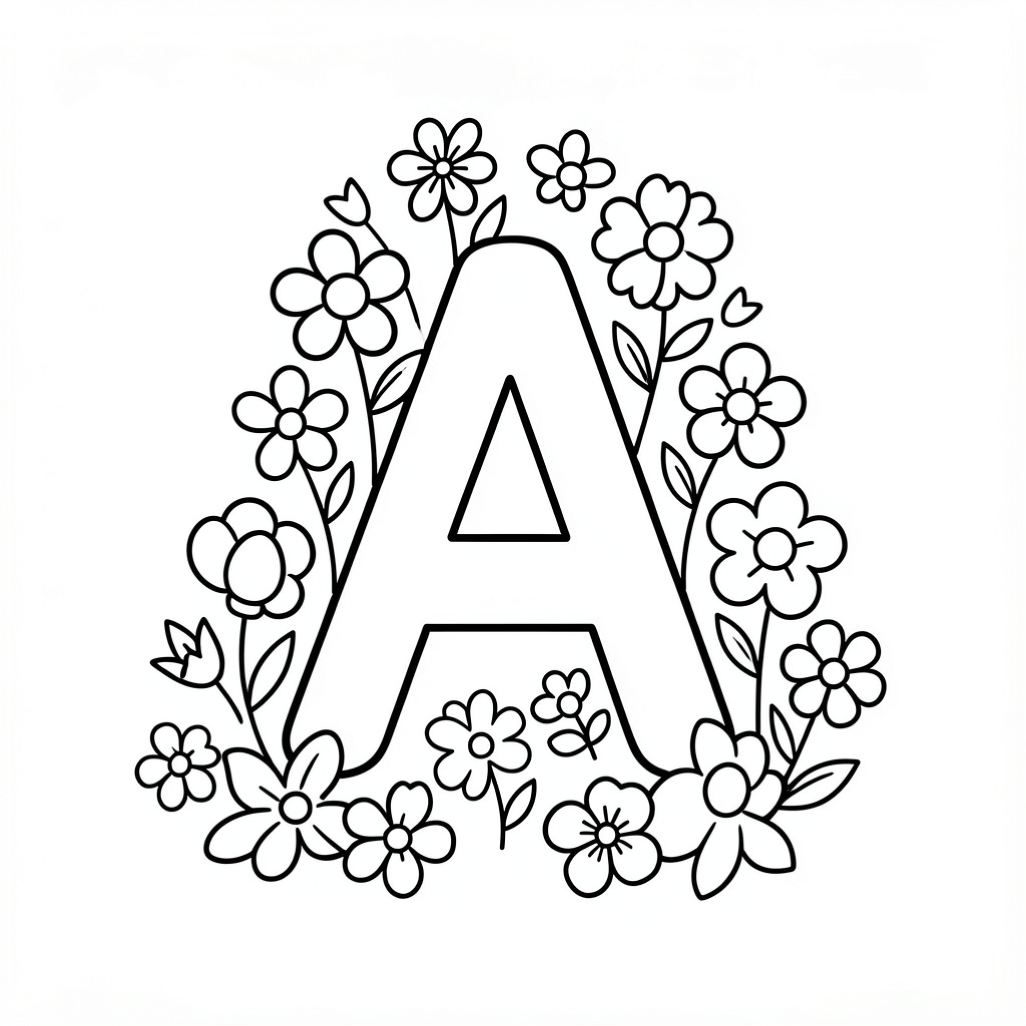 Easy Letter A surrounded by blooming flowers Drawing Idea (free black-and-white line drawing printable PDF for all, from beginners to advanced learners, including children, teens, adults, and seniors)