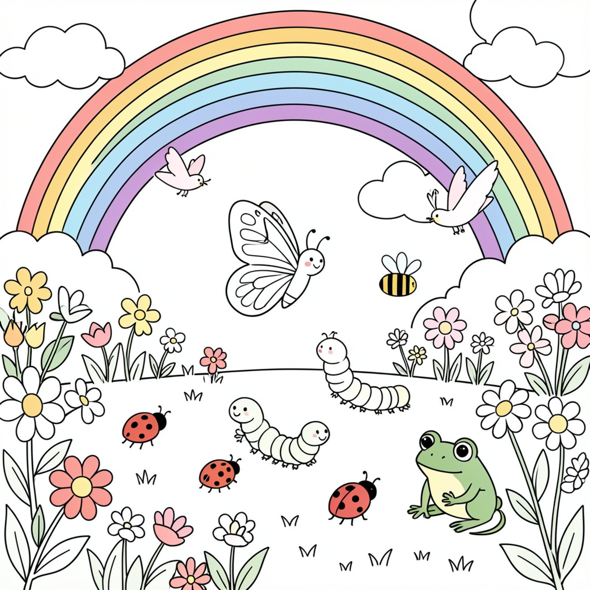 Easy Butterfly and friends playing under a rainbow Drawing Idea (free black-and-white line drawing printable PDF for all, from beginners to advanced learners, including children, teens, adults, and seniors)