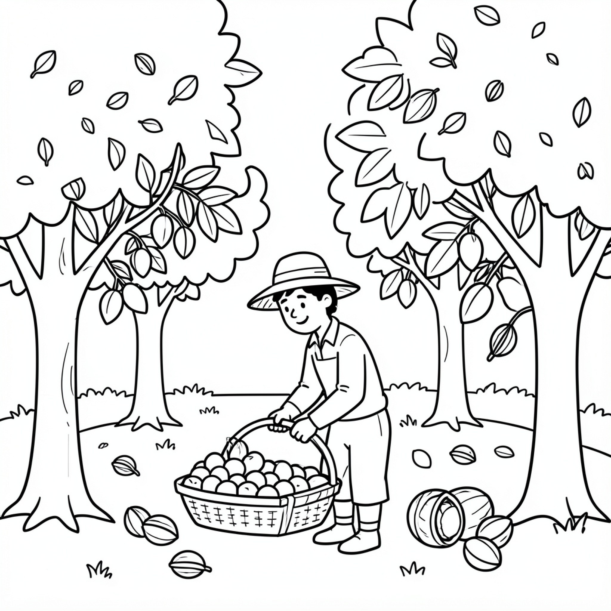 Easy Paysan harvesting fruit into a basket Drawing Idea (free black-and-white line drawing printable PDF for all, from beginners to advanced learners, including children, teens, adults, and seniors)