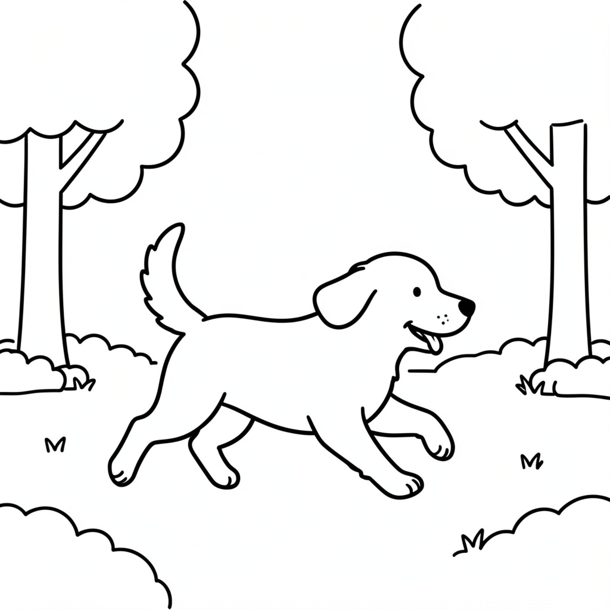 Easy Dog running happily through a park Drawing Idea (free black-and-white line drawing printable PDF for all, from beginners to advanced learners, including children, teens, adults, and seniors)