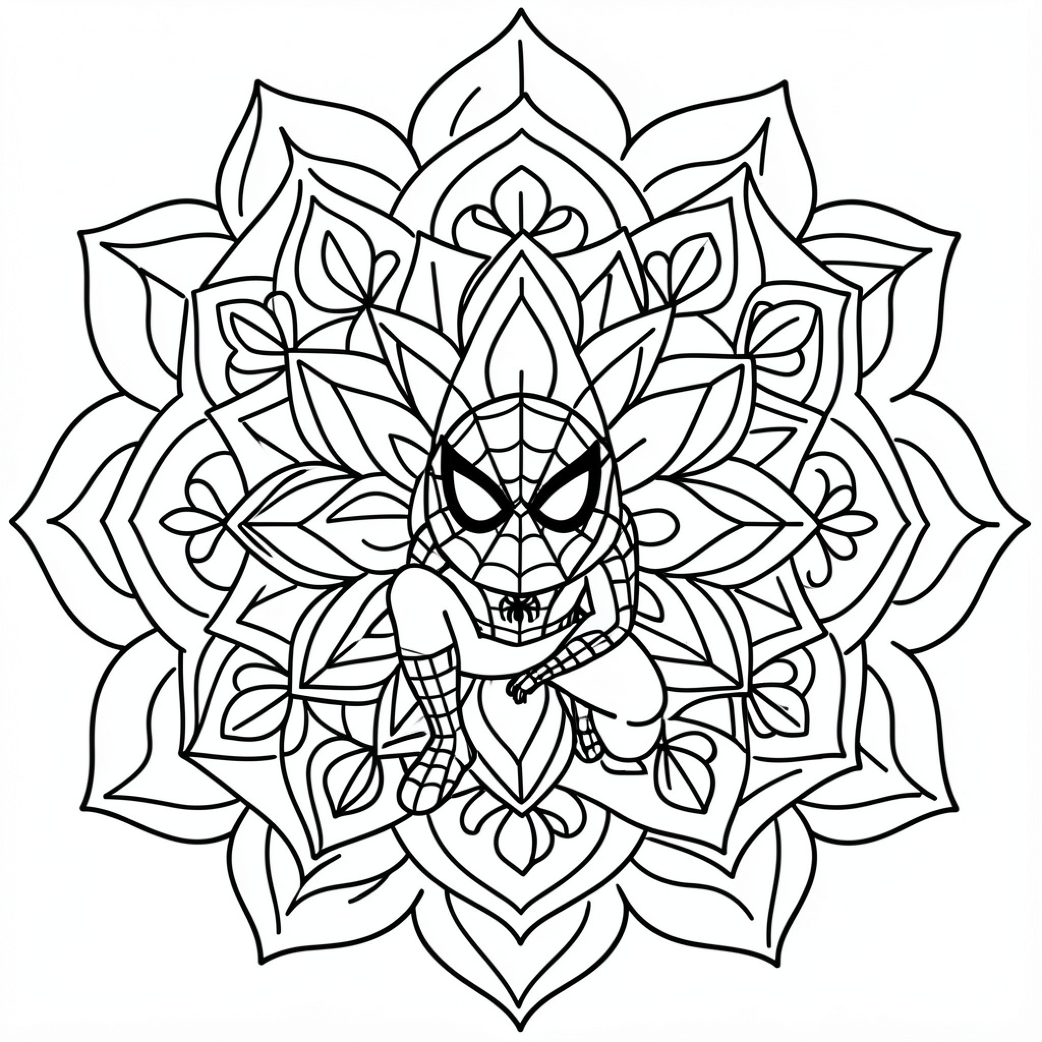 Easy Spiderman posing in a mandala pattern Drawing Idea (free black-and-white line drawing printable PDF for all, from beginners to advanced learners, including children, teens, adults, and seniors)