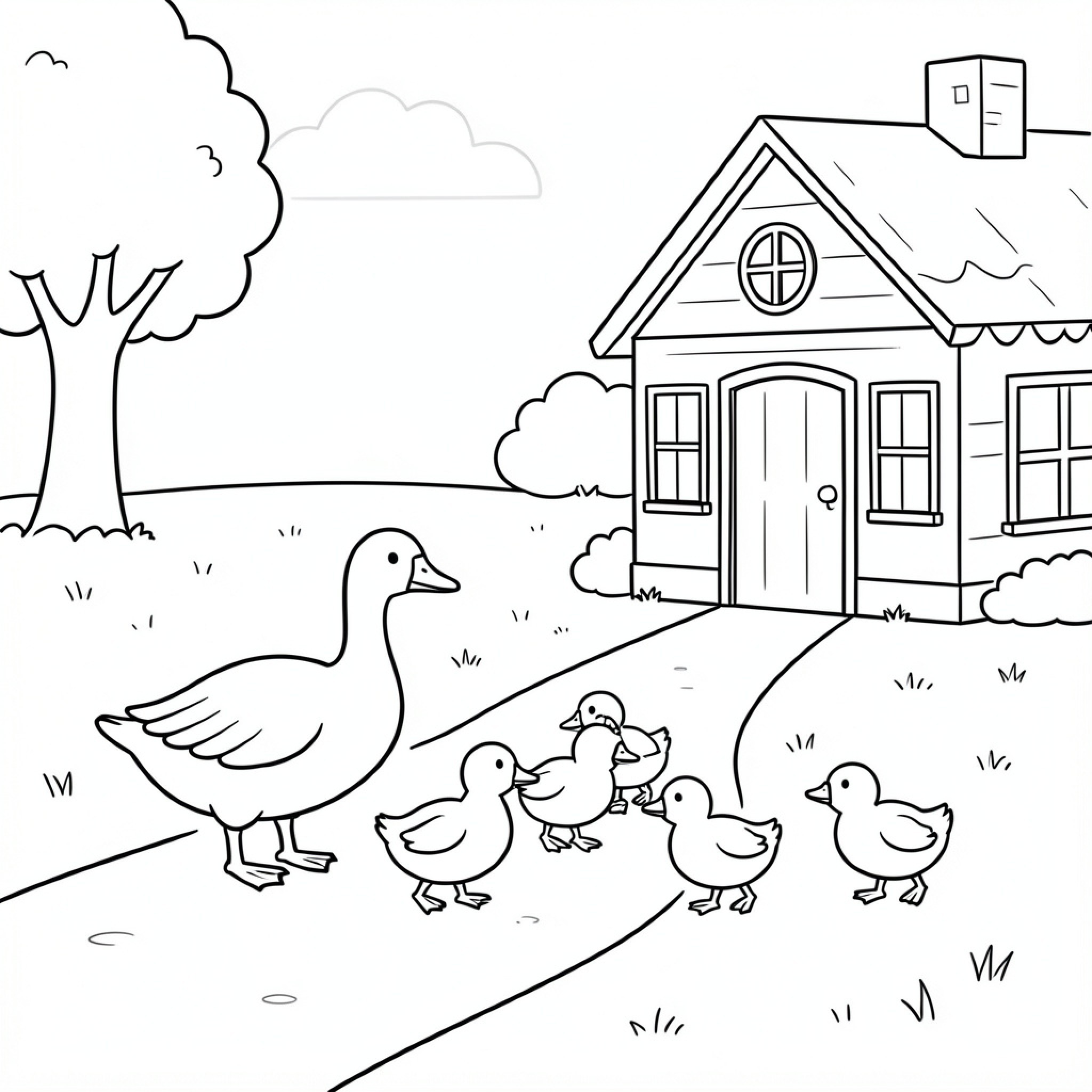 Easy Goose walking with a family of ducklings Drawing Idea (free black-and-white line drawing printable PDF for all, from beginners to advanced learners, including children, teens, adults, and seniors)