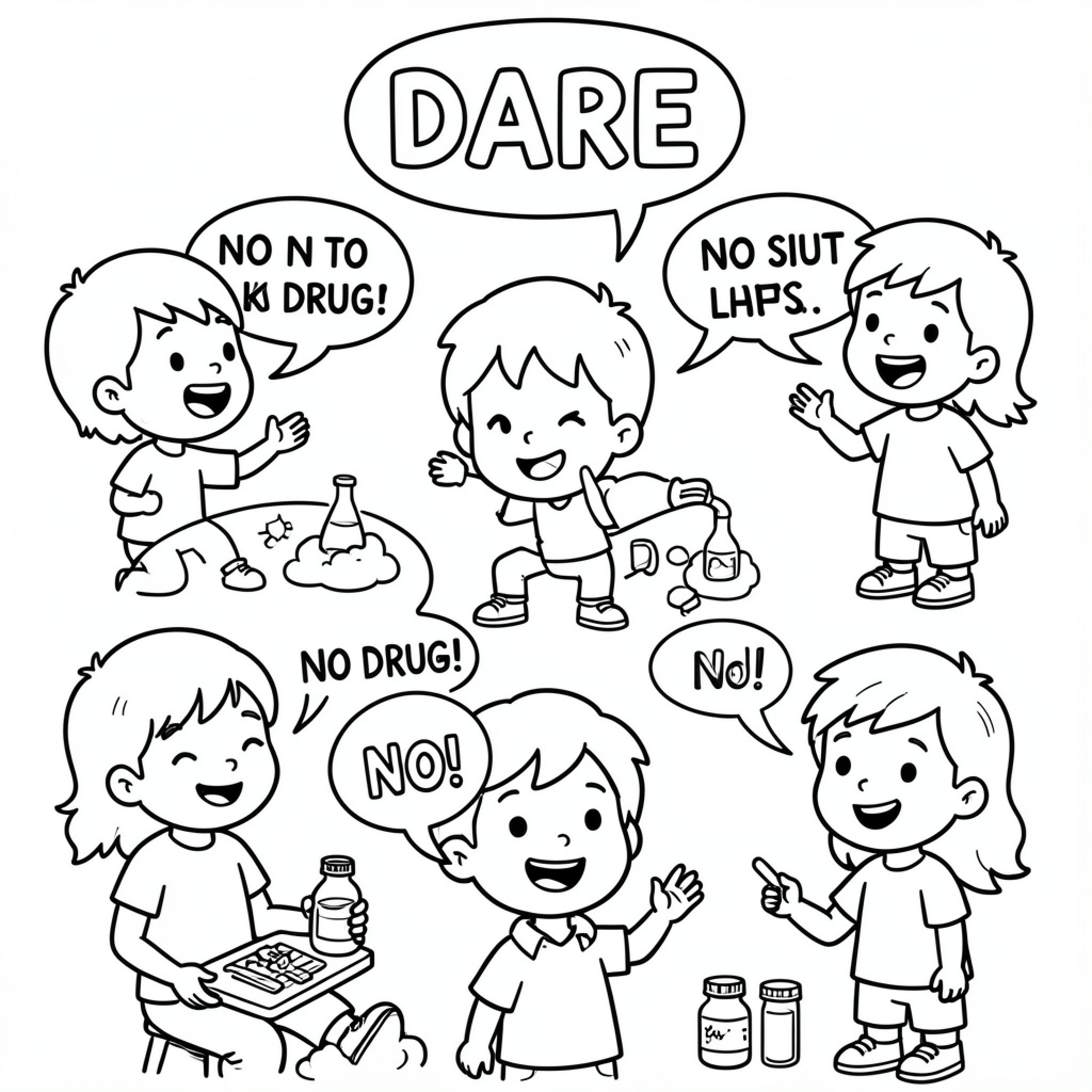Easy Dare kids saying no to harmful substances Drawing Idea (free black-and-white line drawing printable PDF for all, from beginners to advanced learners, including children, teens, adults, and seniors)