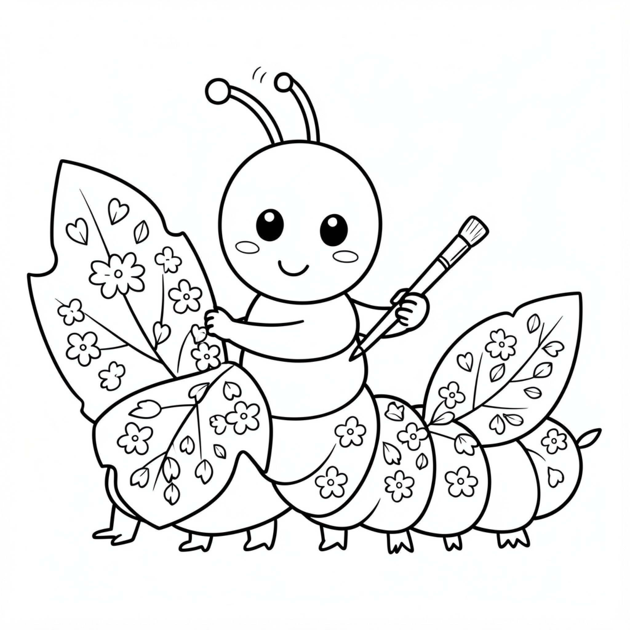 Easy Caterpillar painting flowers on large leaves Drawing Idea (free black-and-white line drawing printable PDF for all, from beginners to advanced learners, including children, teens, adults, and seniors)