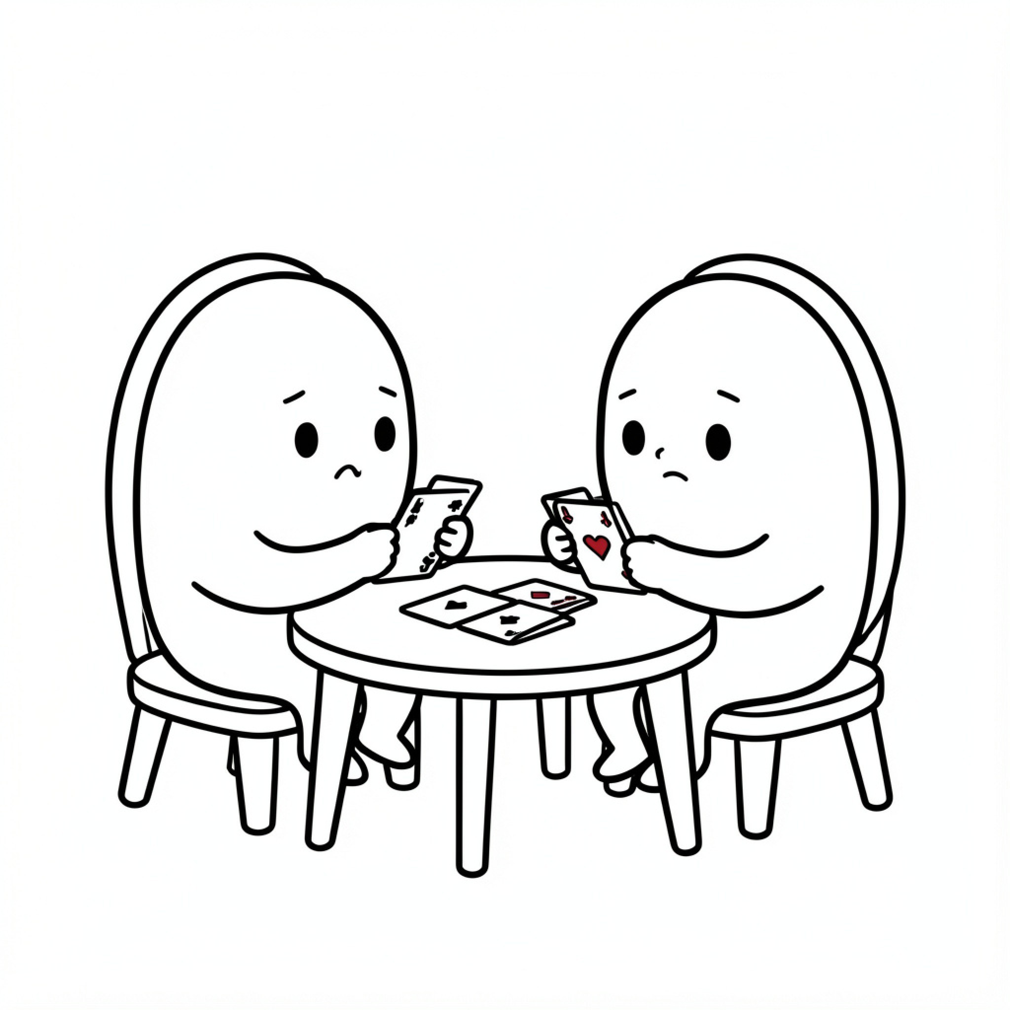 Easy Clam characters playing cards at a table Drawing Idea (free black-and-white line drawing printable PDF for all, from beginners to advanced learners, including children, teens, adults, and seniors)