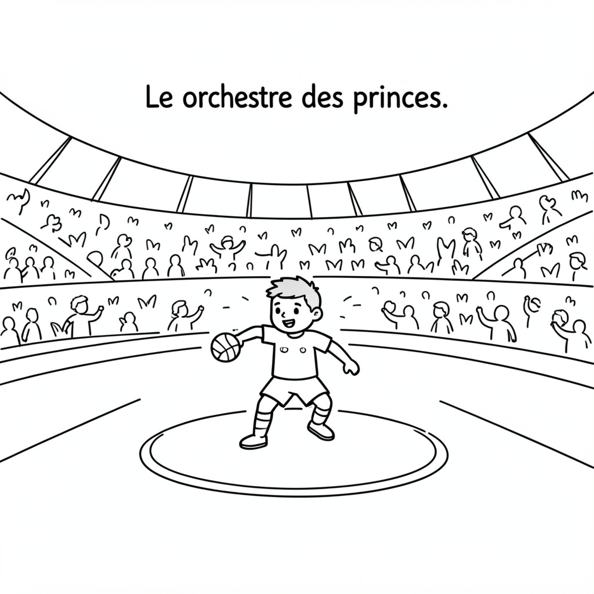 Easy Dembélé dribbling a basketball in a stadium Drawing Idea (free black-and-white line drawing printable PDF for all, from beginners to advanced learners, including children, teens, adults, and seniors)
