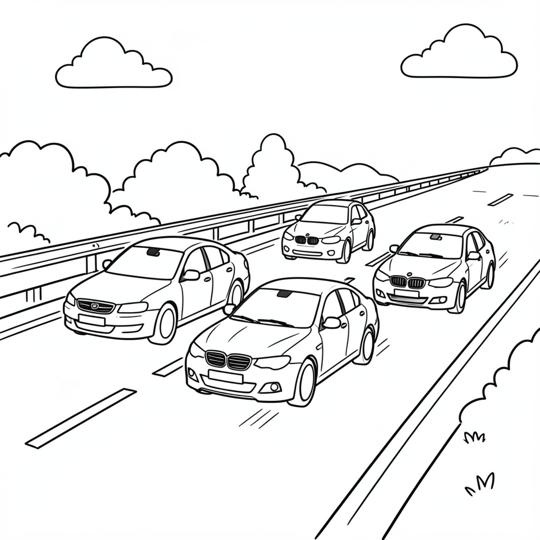 Easy Saab cars driving along a highway Drawing Idea (free black-and-white line drawing printable PDF for all, from beginners to advanced learners, including children, teens, adults, and seniors)