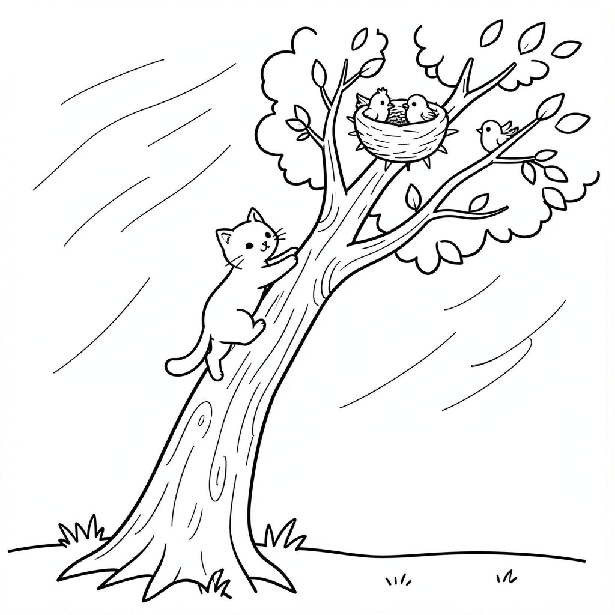 Easy Cat climbing a tree toward a bird nest Drawing Idea (free black-and-white line drawing printable PDF for all, from beginners to advanced learners, including children, teens, adults, and seniors)