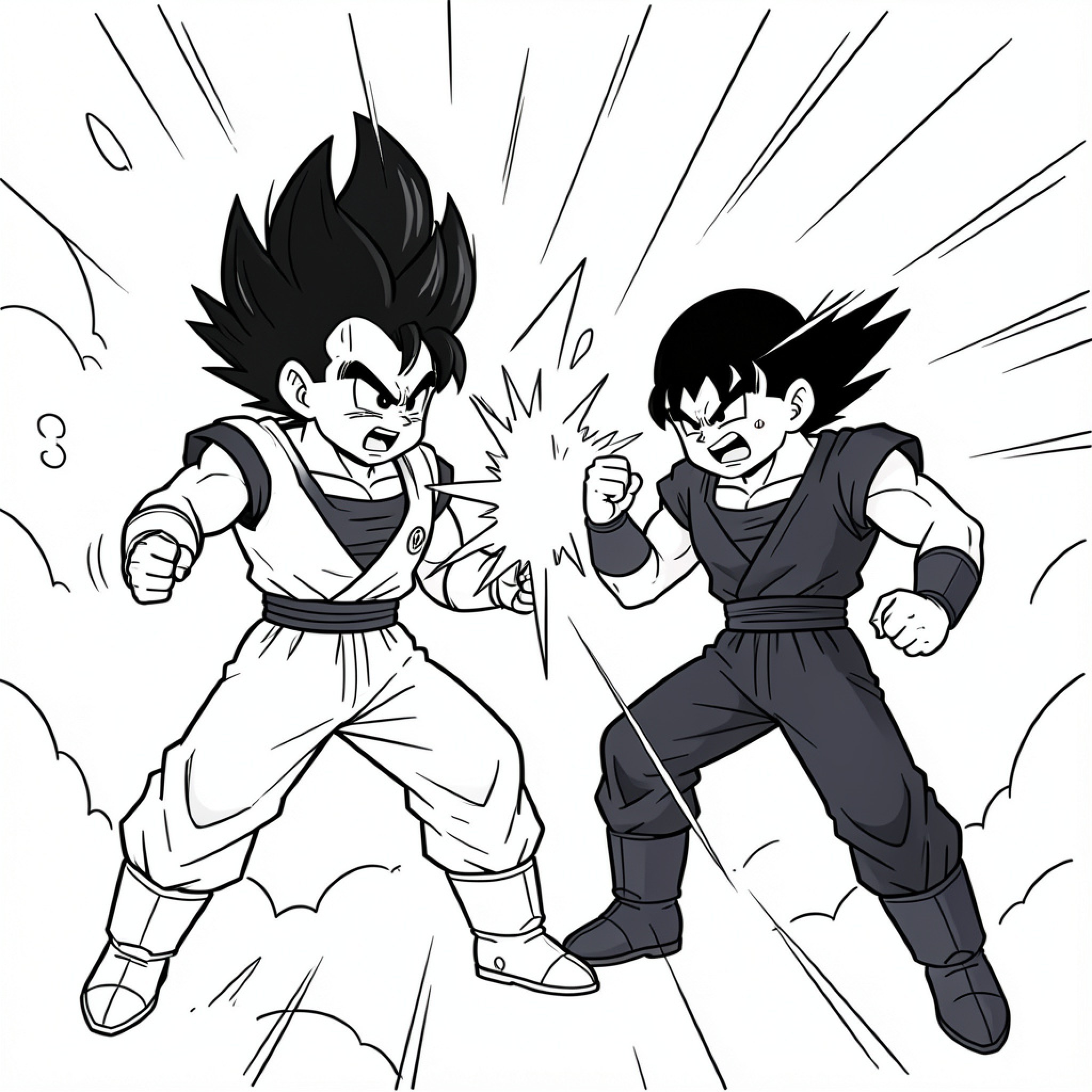 Easy Dragon Ball characters engaging in an intense battle Drawing Idea (free black-and-white line drawing printable PDF for all, from beginners to advanced learners, including children, teens, adults, and seniors)