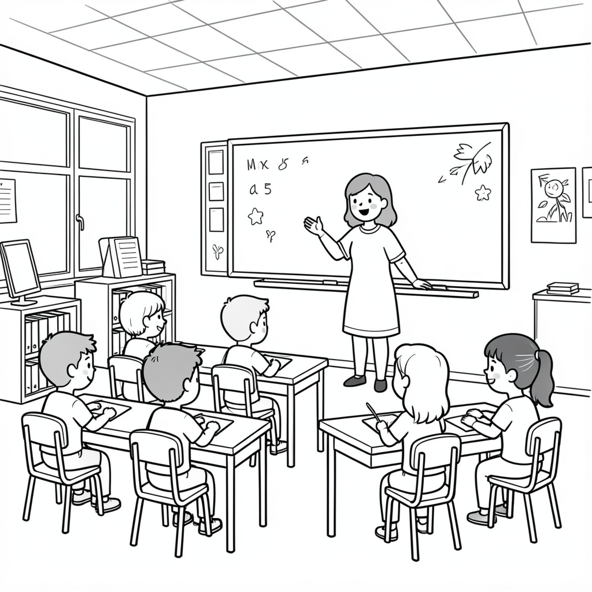 Easy Classroom teacher explaining lessons to attentive students Drawing Idea (free black-and-white line drawing printable PDF for all, from beginners to advanced learners, including children, teens, adults, and seniors)