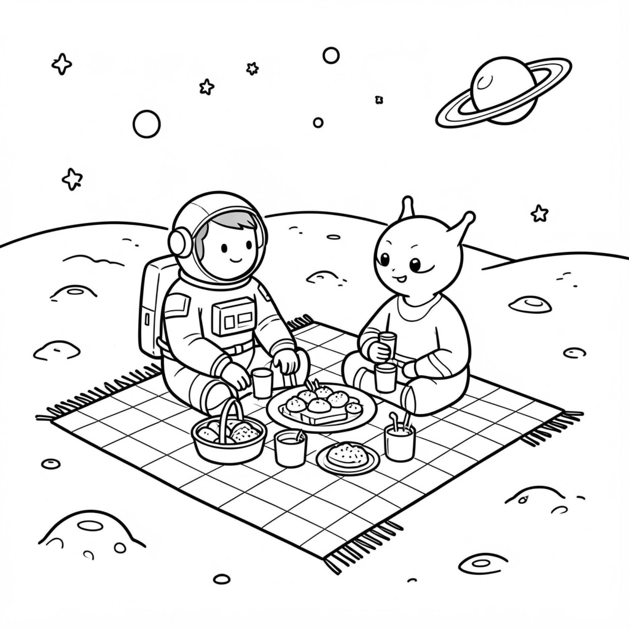 Easy Picnic between an astronaut and an alien Drawing Idea (free black-and-white line drawing printable PDF for all, from beginners to advanced learners, including children, teens, adults, and seniors)