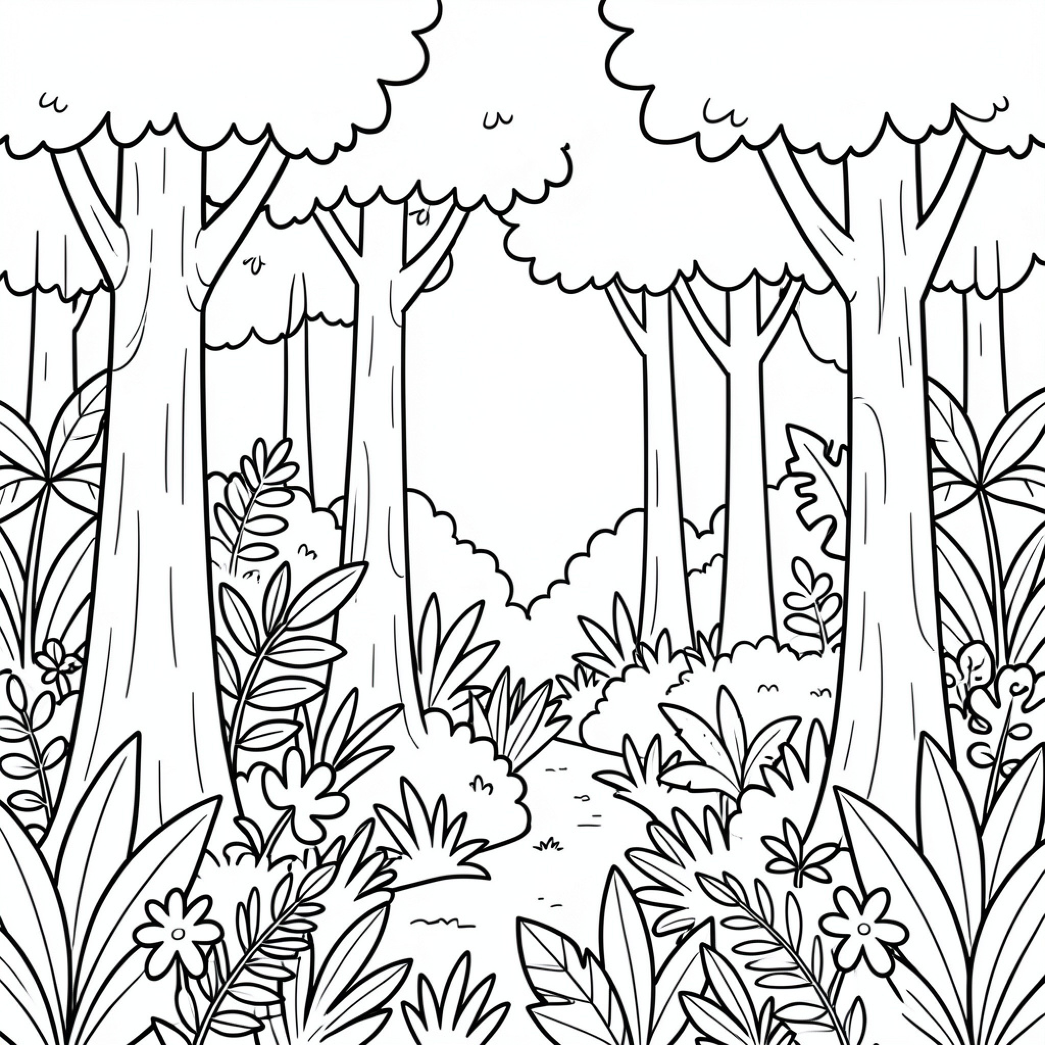 Easy Jungle scene with tall trees and lush foliage Drawing Idea (free black-and-white line drawing printable PDF for all, from beginners to advanced learners, including children, teens, adults, and seniors)
