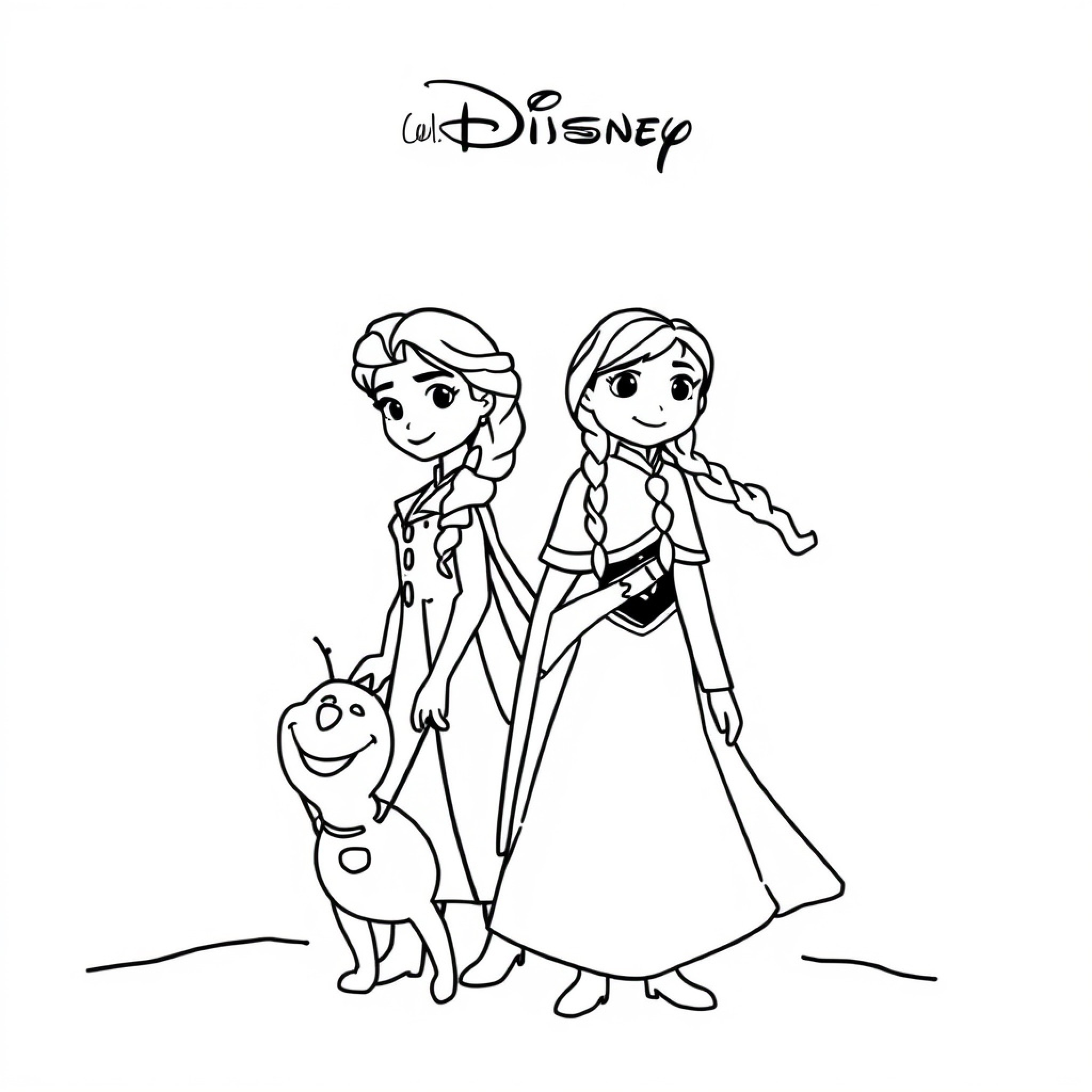 Easy Walt Disney characters smiling together in dresses Drawing Idea (free black-and-white line drawing printable PDF for all, from beginners to advanced learners, including children, teens, adults, and seniors)