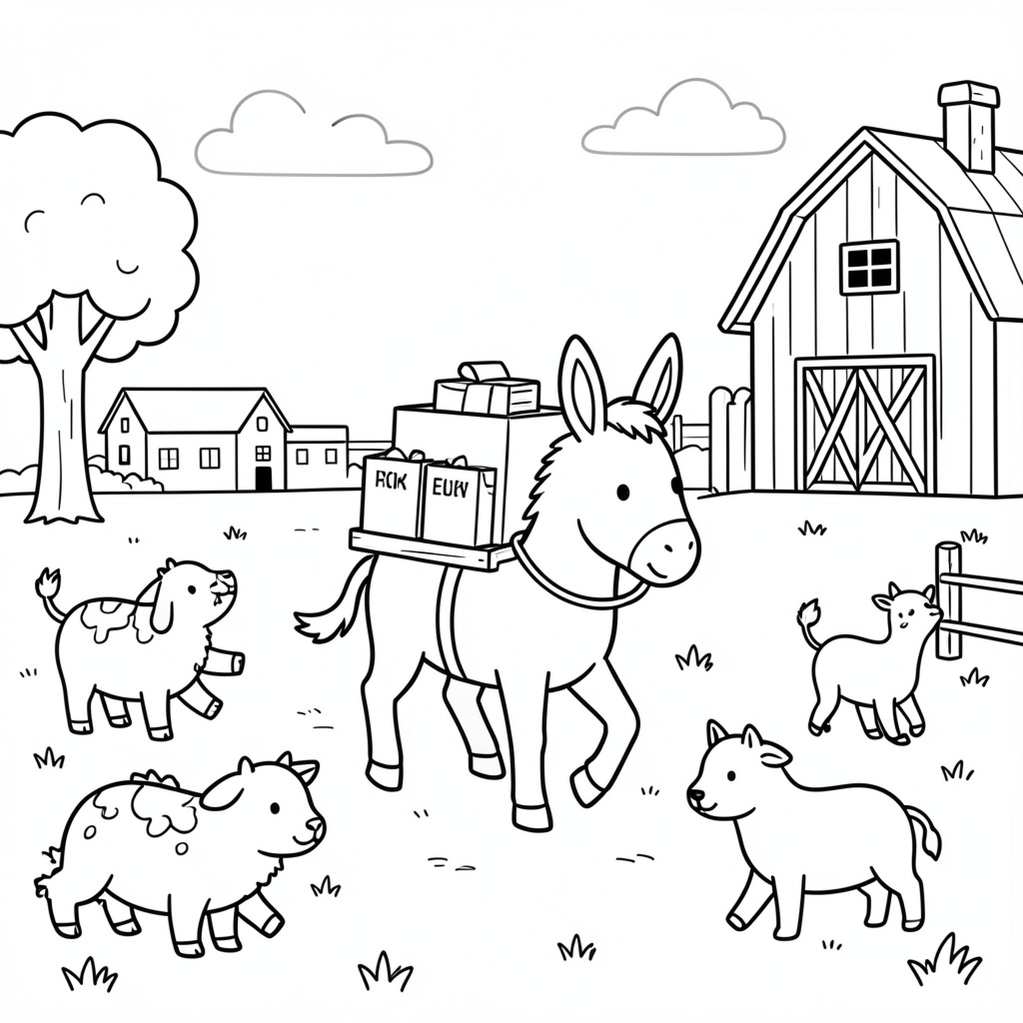 Easy Donkey carrying boxes in a farm scene Drawing Idea (free black-and-white line drawing printable PDF for all, from beginners to advanced learners, including children, teens, adults, and seniors)