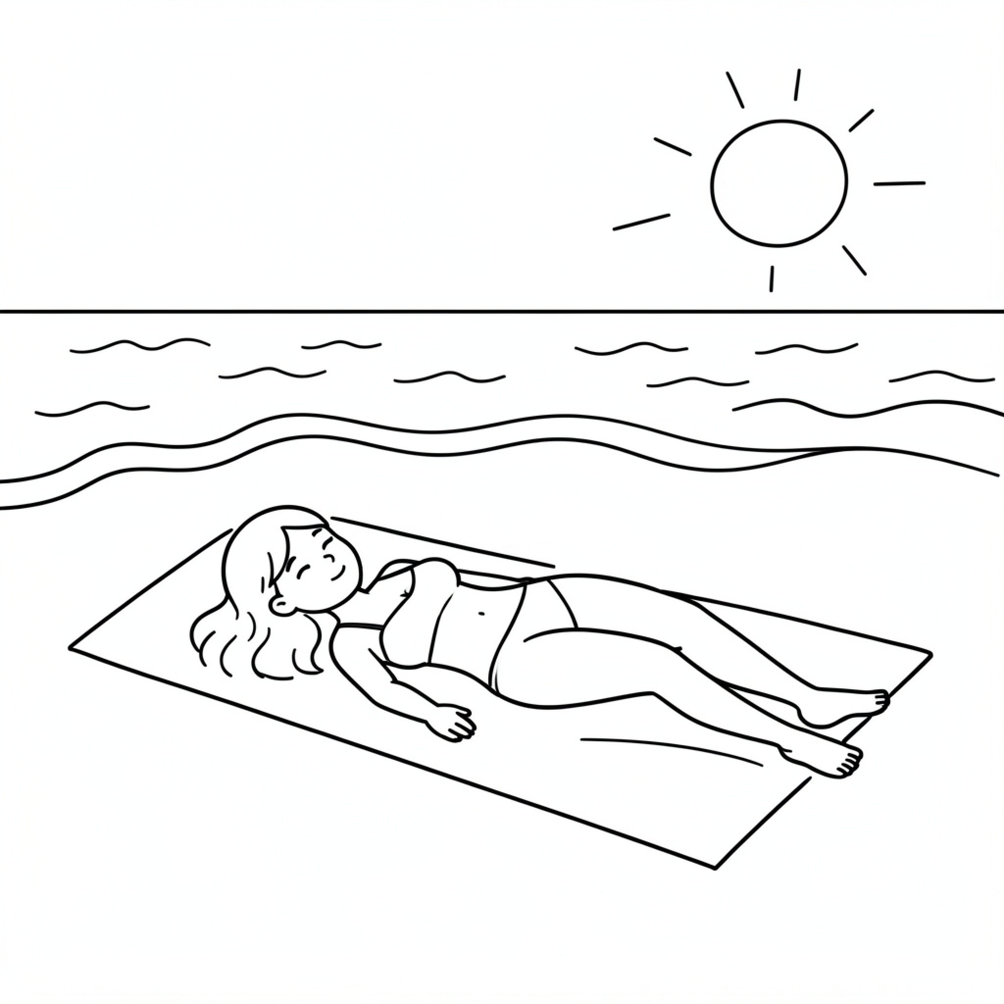 Easy Female relaxing on a beach towel under the sun Drawing Idea (free black-and-white line drawing printable PDF for all, from beginners to advanced learners, including children, teens, adults, and seniors)