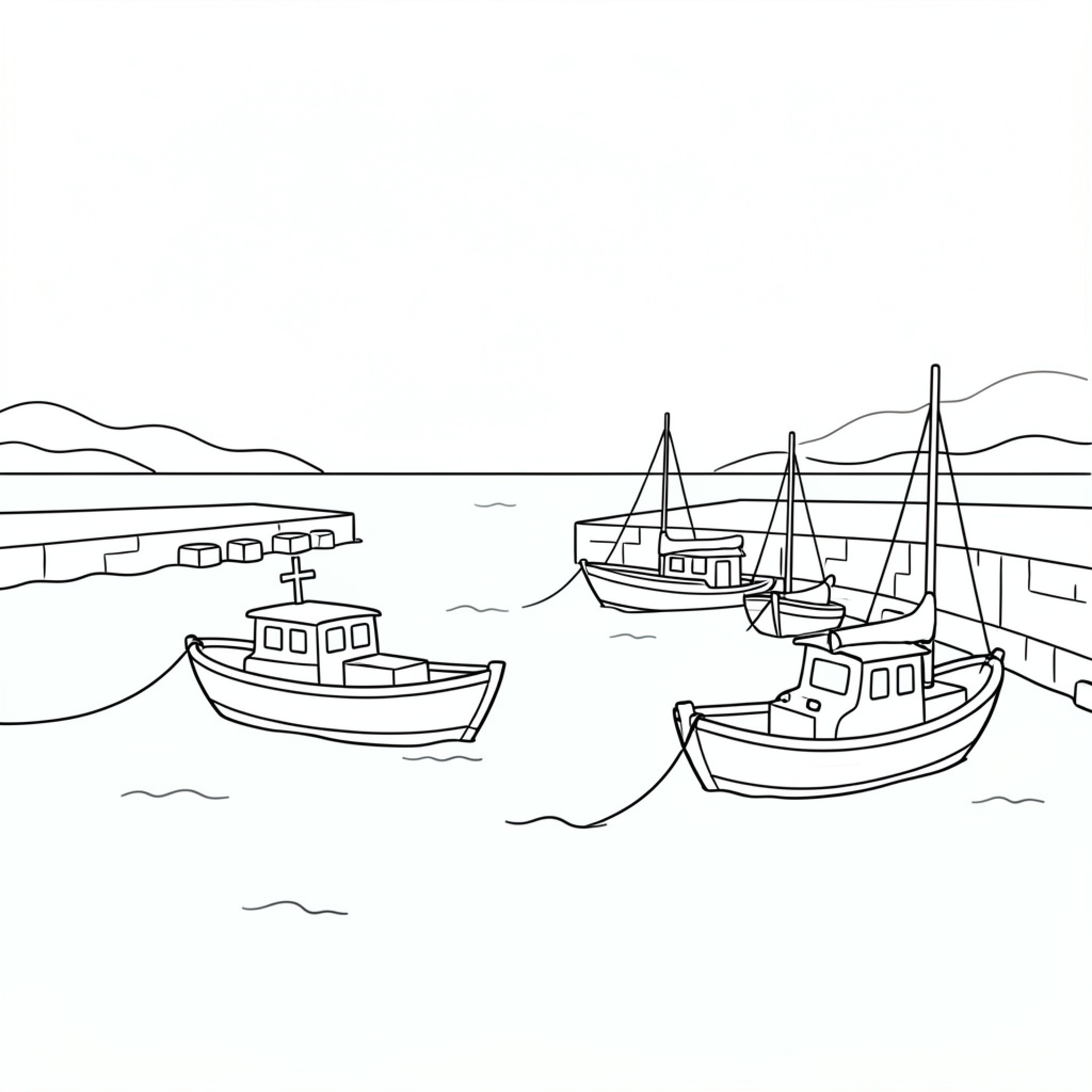 Easy Sea boats floating calmly in the harbor Drawing Idea (free black-and-white line drawing printable PDF for all, from beginners to advanced learners, including children, teens, adults, and seniors)