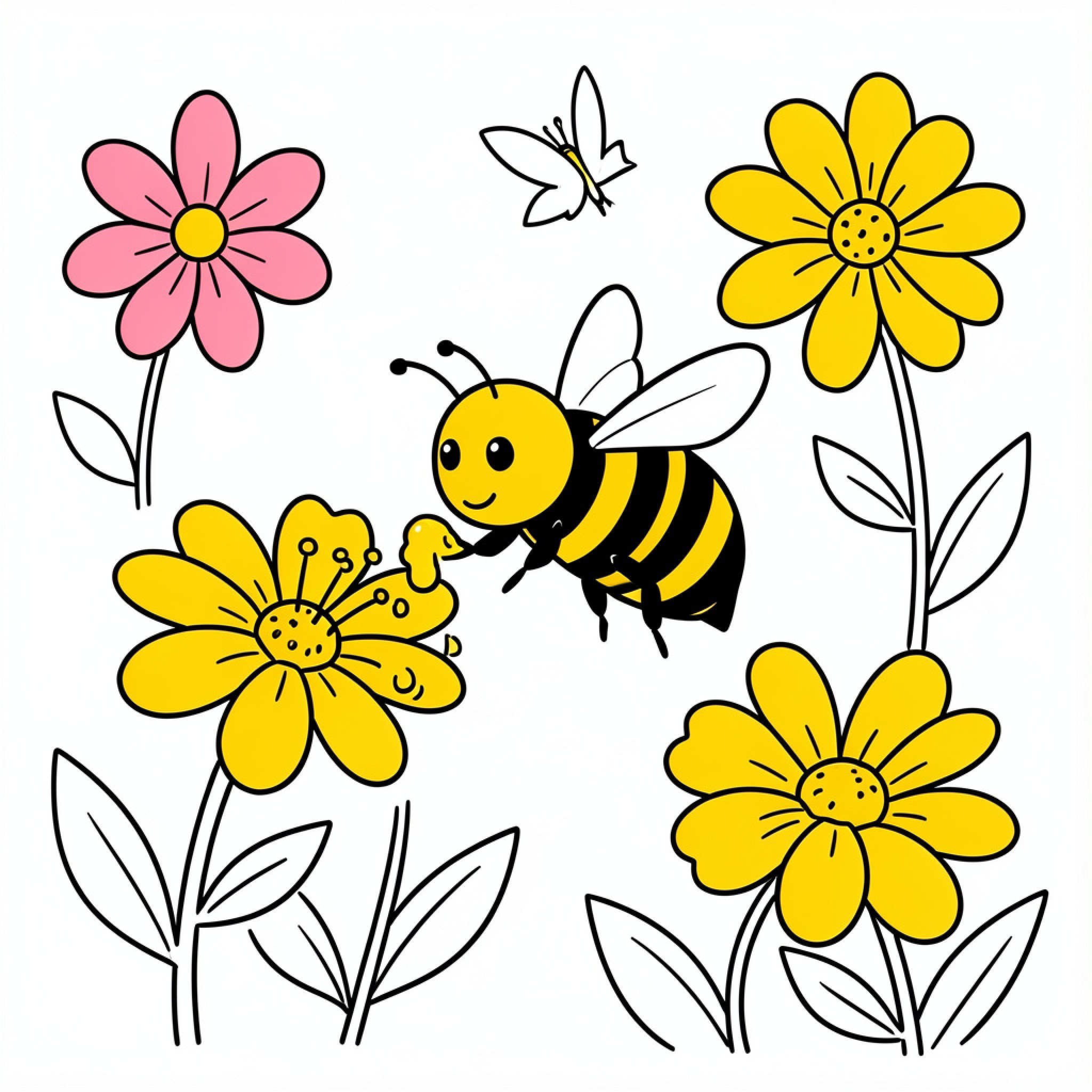 Easy Bee collecting nectar from bright flowers Drawing Idea (free black-and-white line drawing printable PDF for all, from beginners to advanced learners, including children, teens, adults, and seniors)