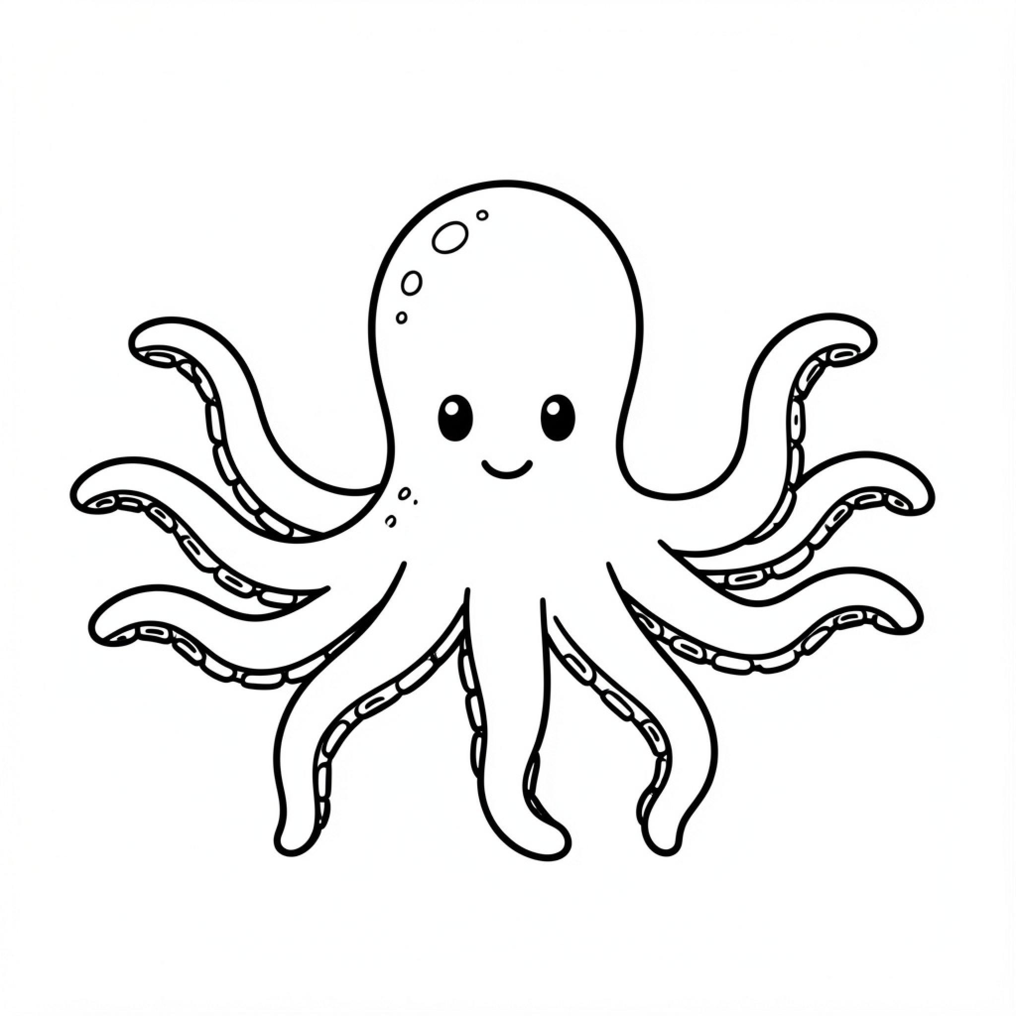 Easy Octopus smiling happily with many tentacles Drawing Idea (free black-and-white line drawing printable PDF for all, from beginners to advanced learners, including children, teens, adults, and seniors)