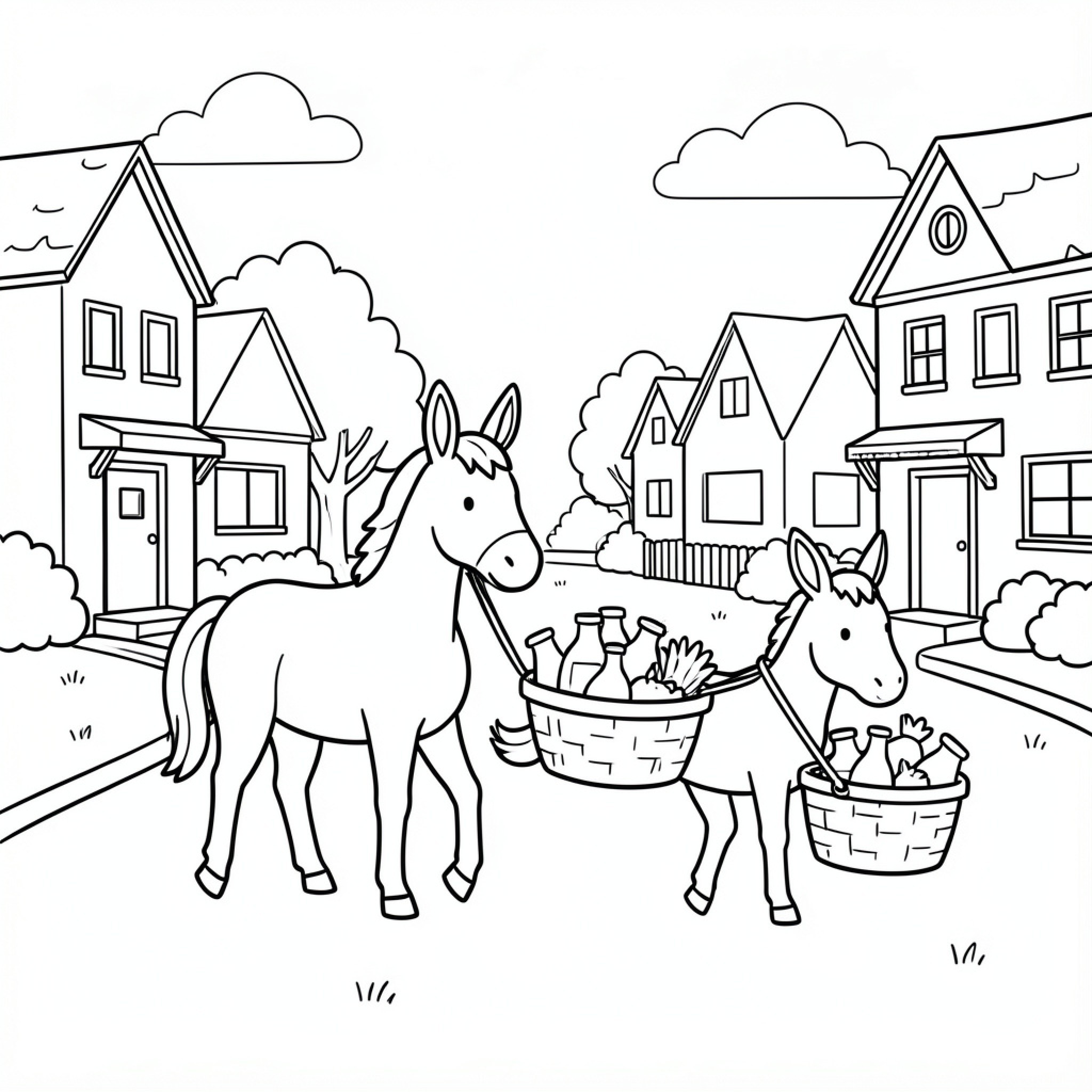 Easy Horse pulling baskets through a residential street Drawing Idea (free black-and-white line drawing printable PDF for all, from beginners to advanced learners, including children, teens, adults, and seniors)