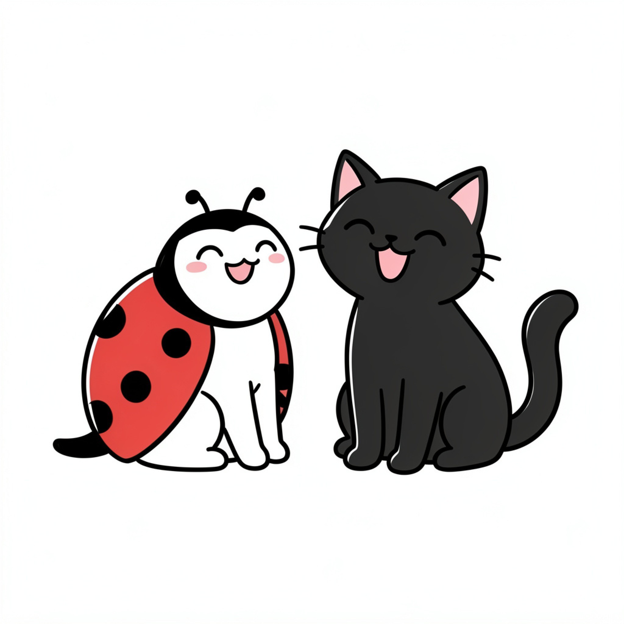 Easy Ladybug and happy cat sitting together Drawing Idea (free black-and-white line drawing printable PDF for all, from beginners to advanced learners, including children, teens, adults, and seniors)
