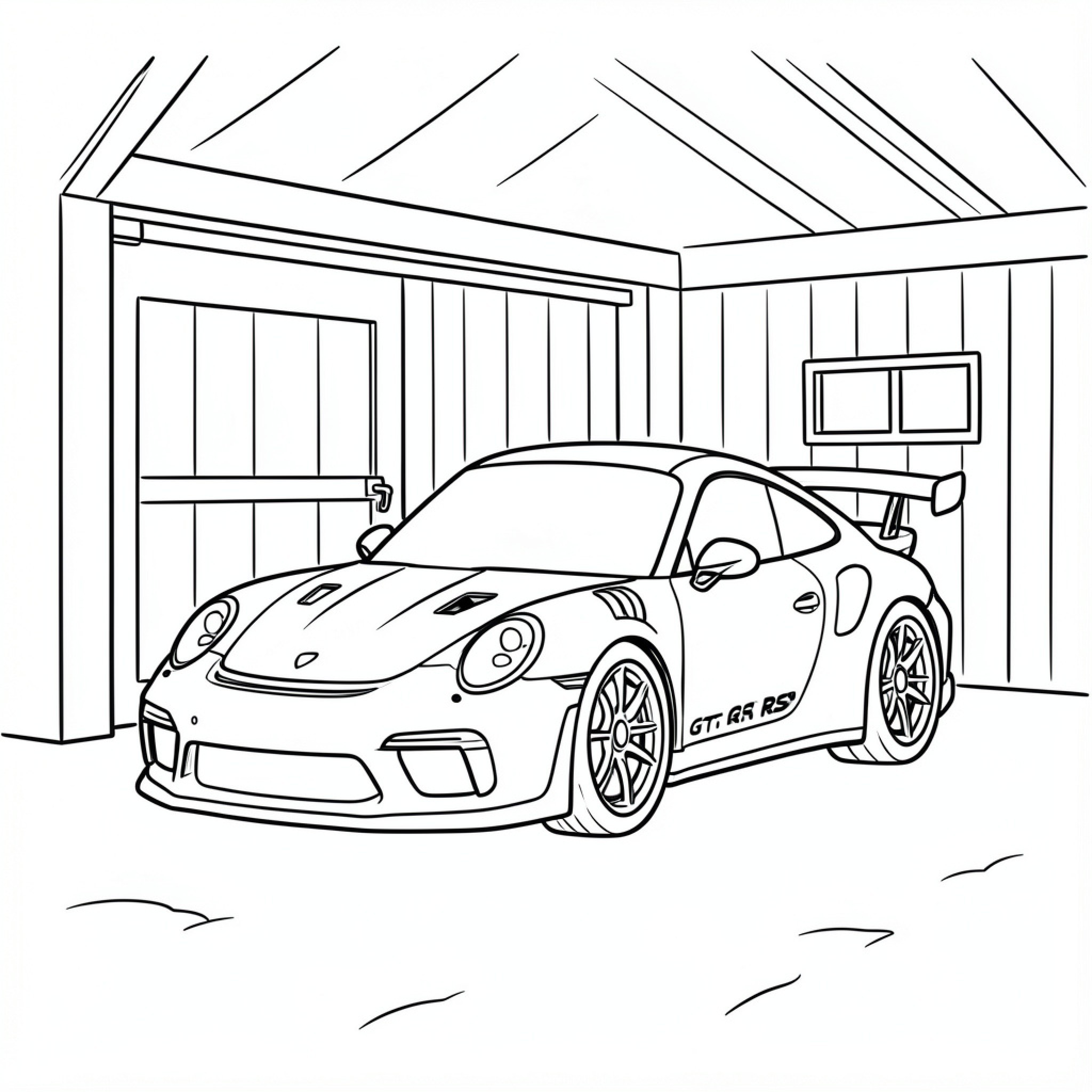 Easy Porsche parked inside a modern garage Drawing Idea (free black-and-white line drawing printable PDF for all, from beginners to advanced learners, including children, teens, adults, and seniors)