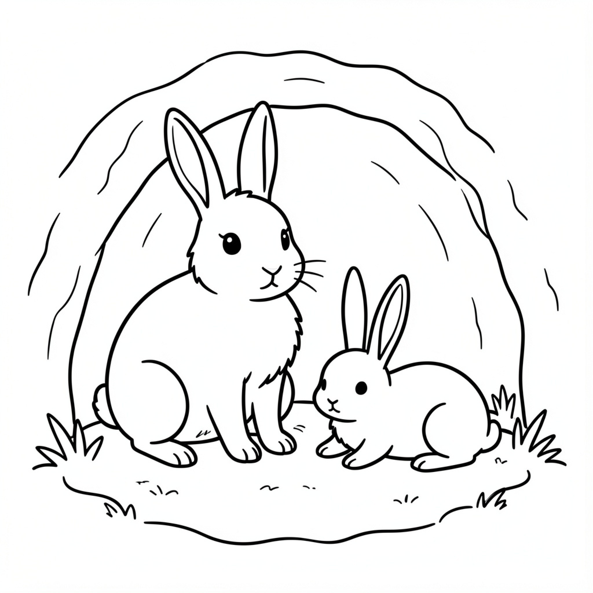 Easy Rabbit sitting together near a cozy burrow Drawing Idea (free black-and-white line drawing printable PDF for all, from beginners to advanced learners, including children, teens, adults, and seniors)