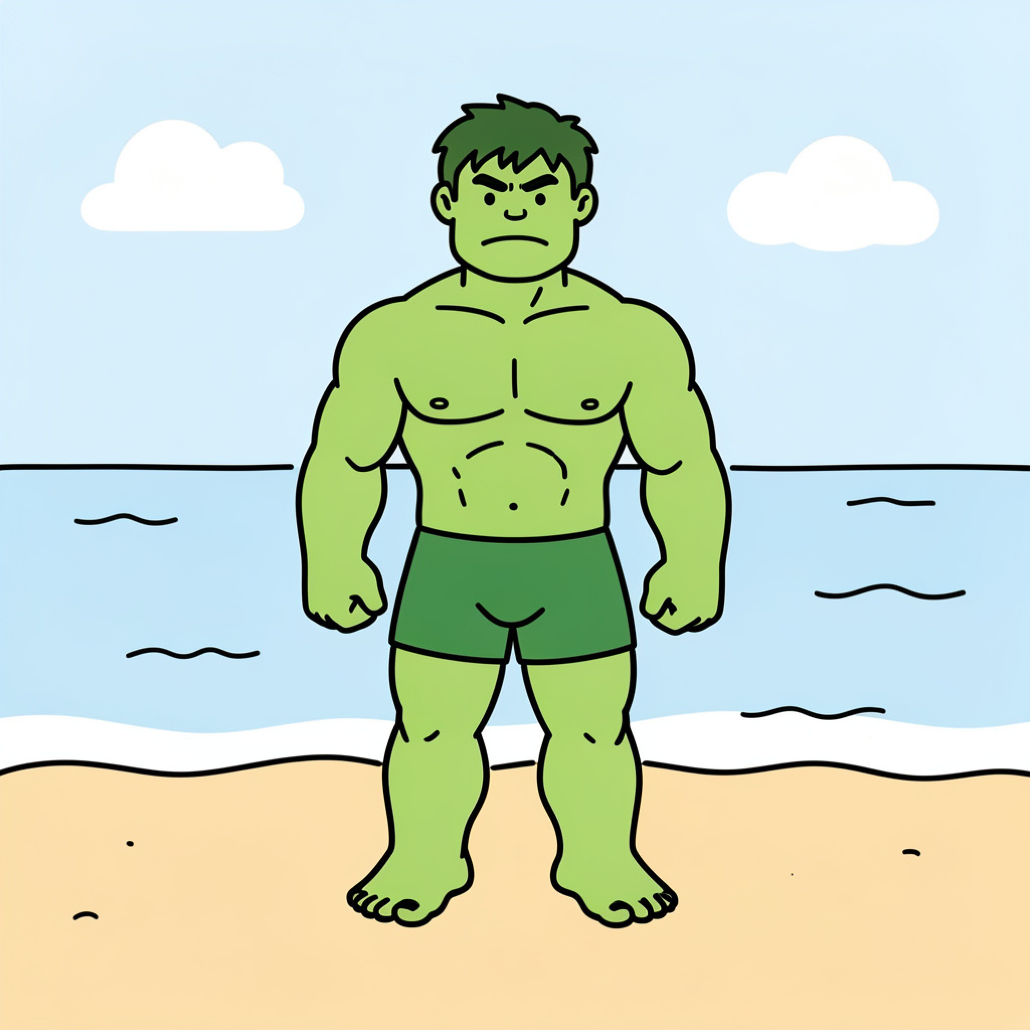 Easy Hulk standing angrily on a sunny beach Drawing Idea (free black-and-white line drawing printable PDF for all, from beginners to advanced learners, including children, teens, adults, and seniors)