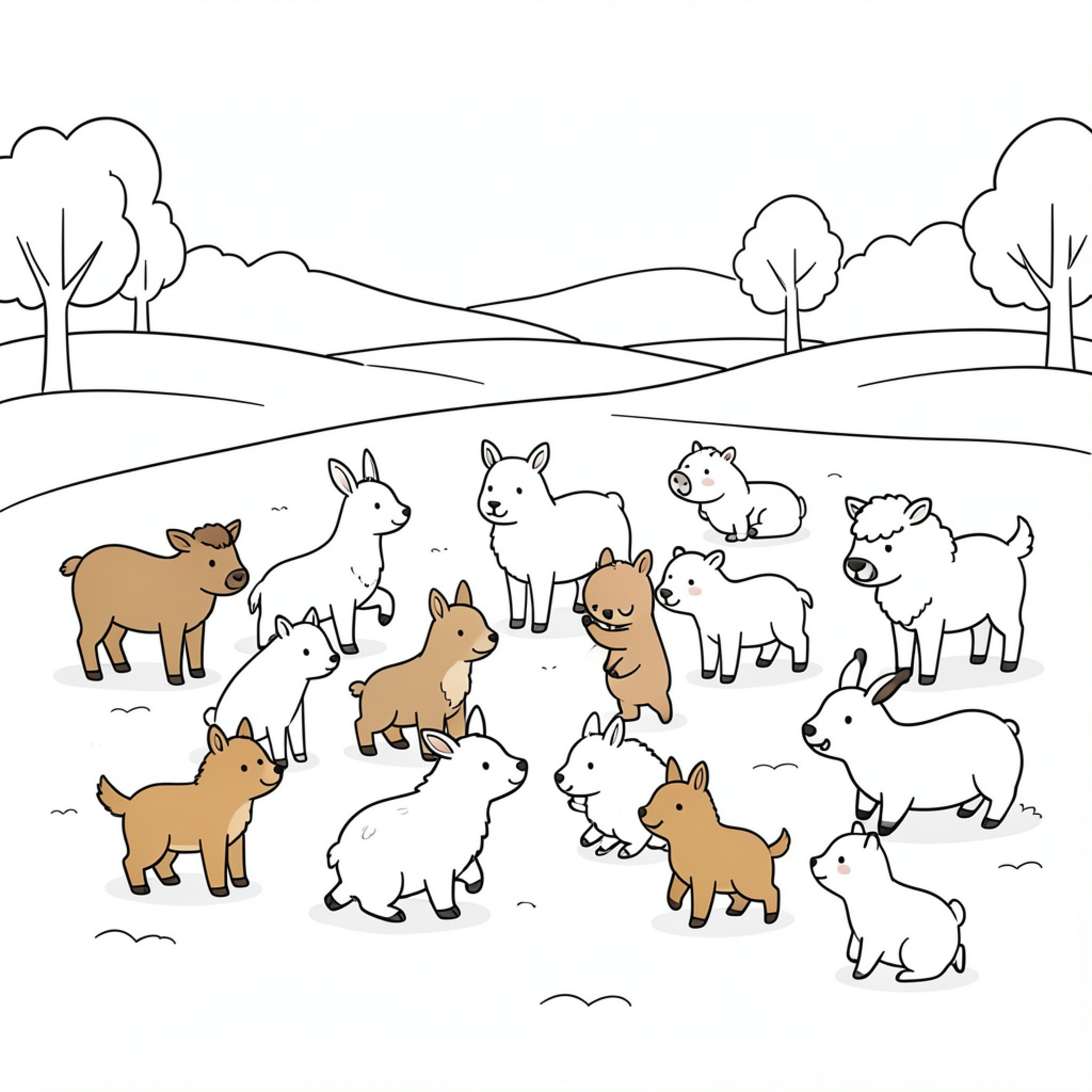Easy Farm Animal group playing in a meadow Drawing Idea (free black-and-white line drawing printable PDF for all, from beginners to advanced learners, including children, teens, adults, and seniors)