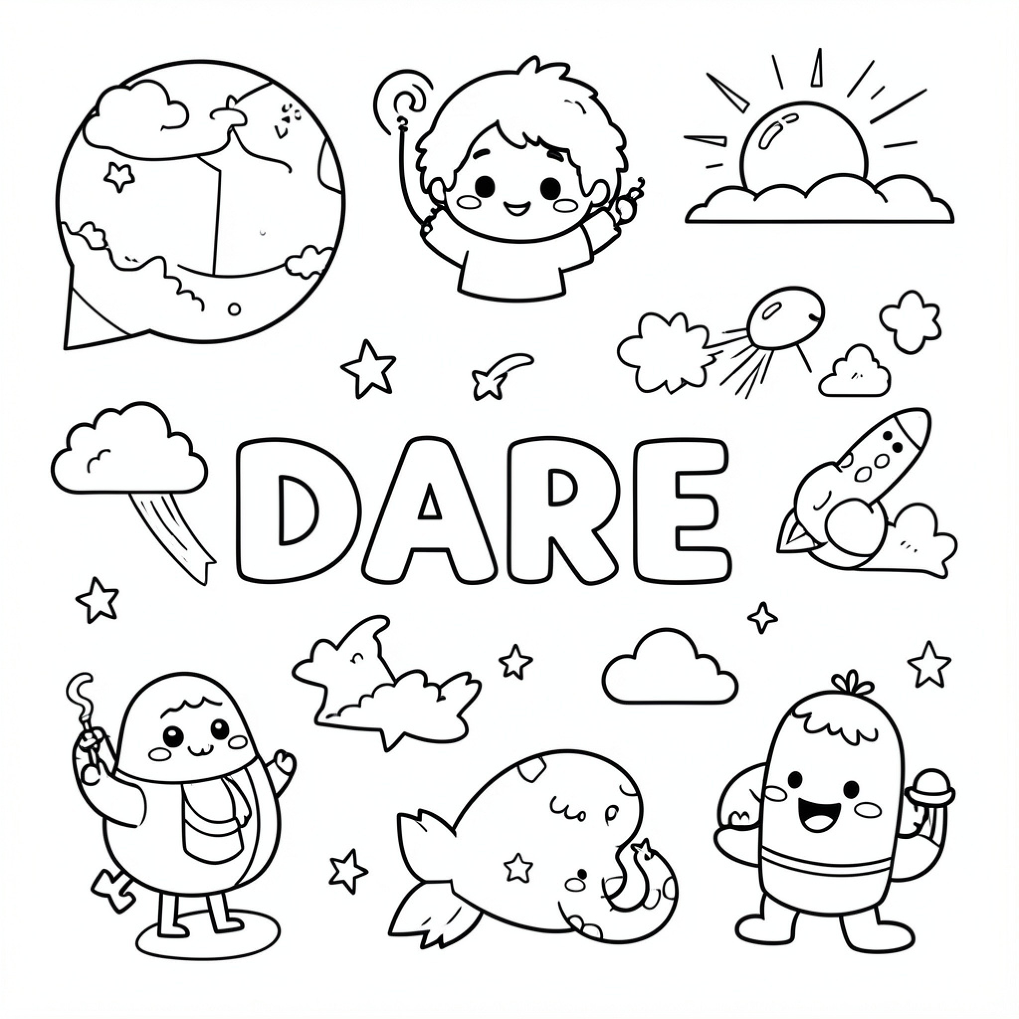 Easy Dare with cute characters and space elements Drawing Idea (free black-and-white line drawing printable PDF for all, from beginners to advanced learners, including children, teens, adults, and seniors)