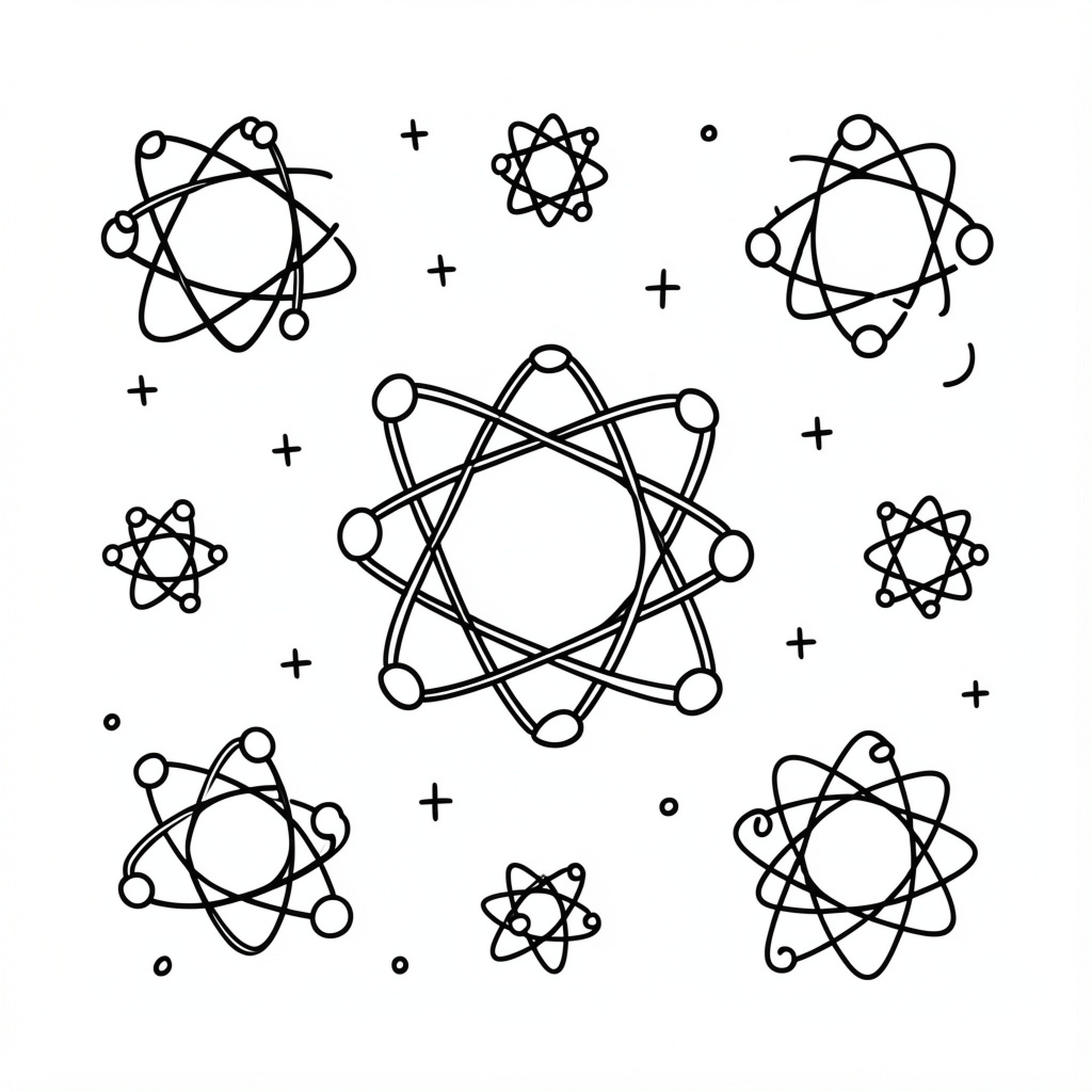 Easy Atom patterns floating amidst small symbols Drawing Idea (free black-and-white line drawing printable PDF for all, from beginners to advanced learners, including children, teens, adults, and seniors)