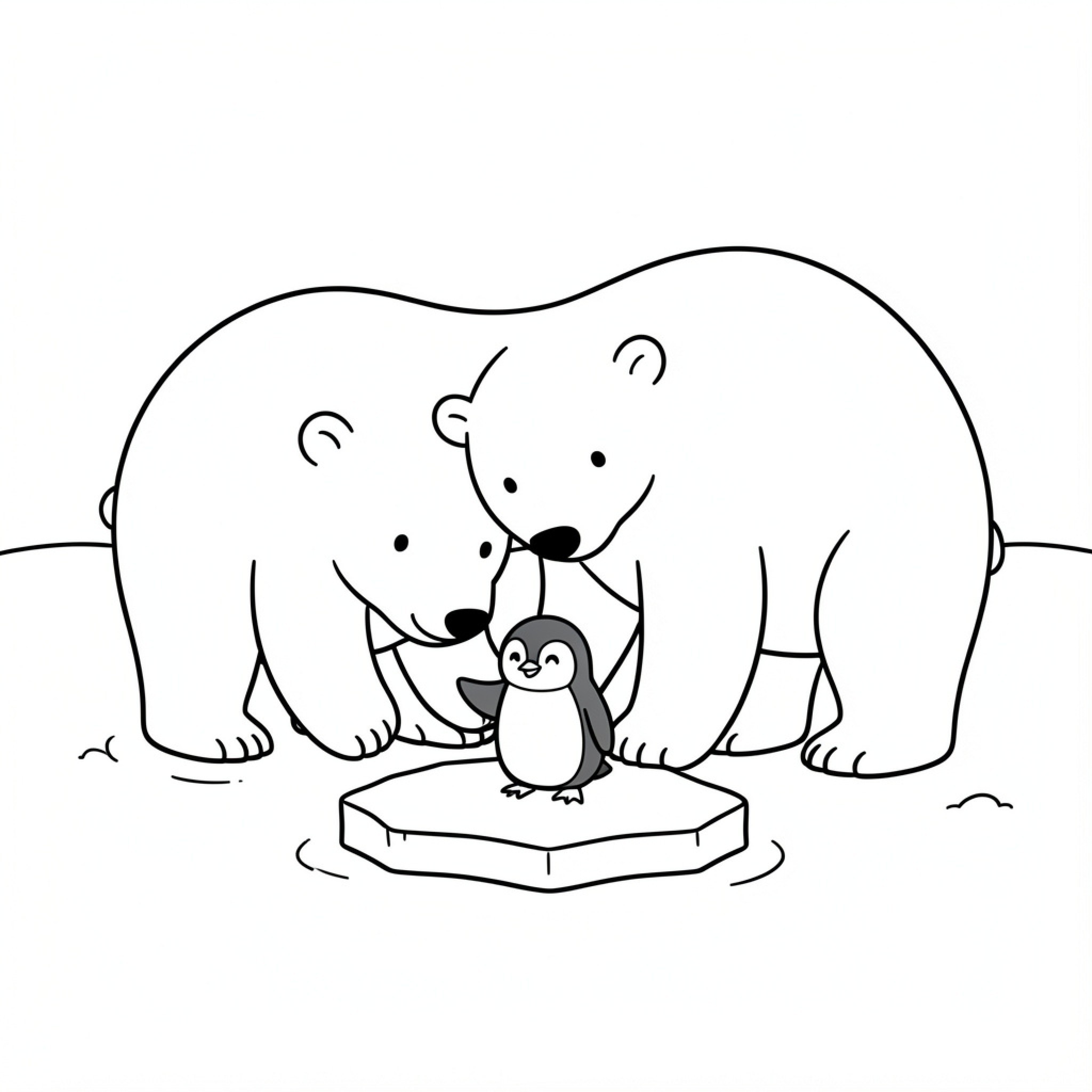 Easy Polar Bear hugging a small penguin Drawing Idea (free black-and-white line drawing printable PDF for all, from beginners to advanced learners, including children, teens, adults, and seniors)