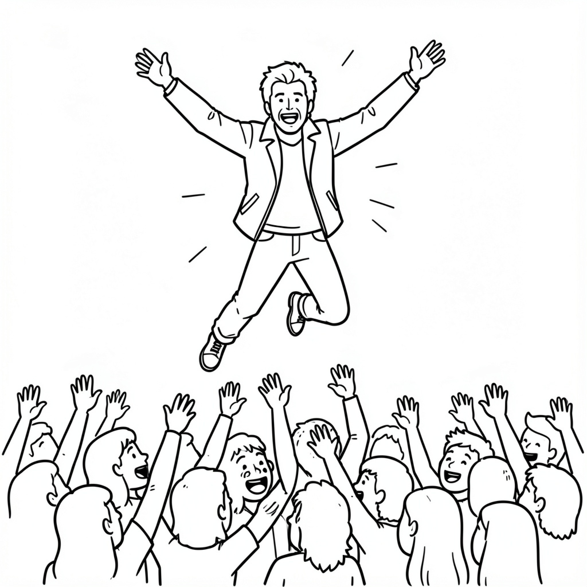 Easy Bon Jovi singer jumping joyfully before a crowd Drawing Idea (free black-and-white line drawing printable PDF for all, from beginners to advanced learners, including children, teens, adults, and seniors)