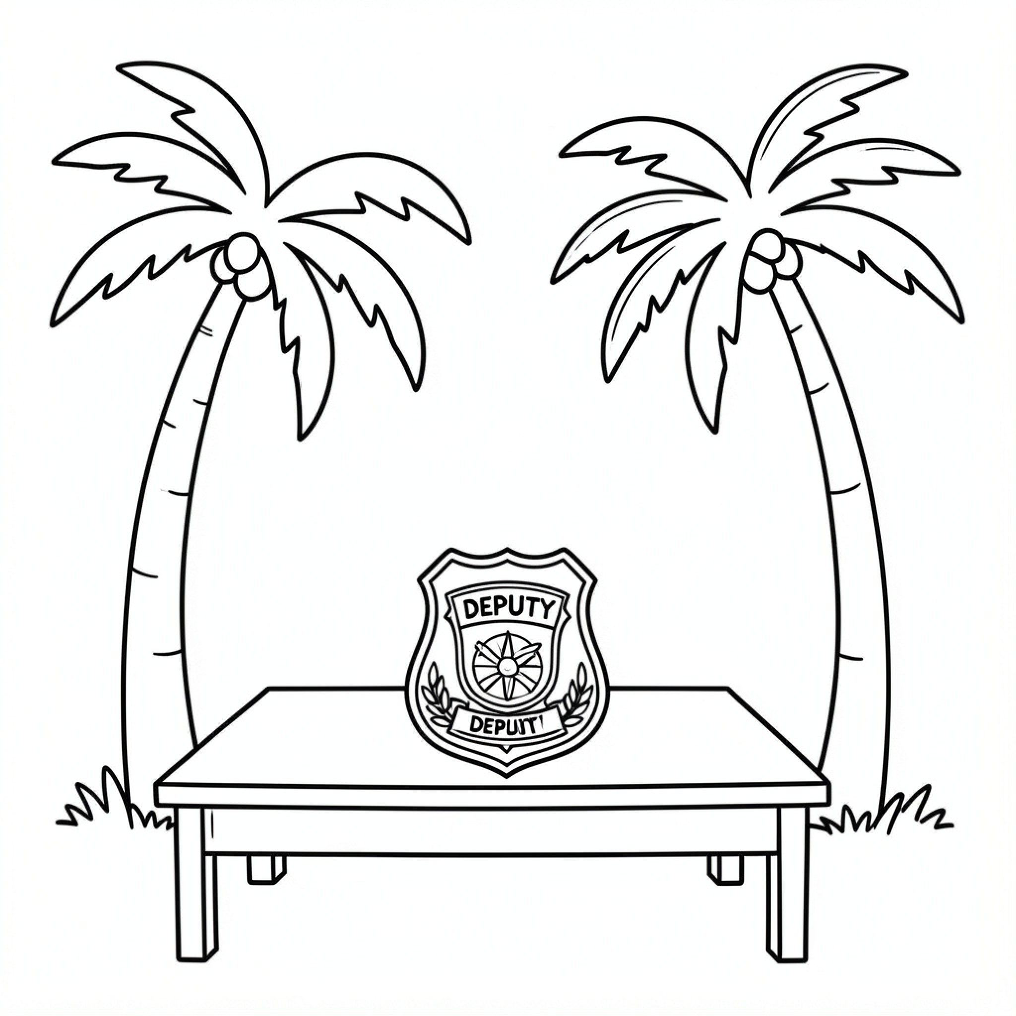 Easy Deputy Badge resting on a table under palms Drawing Idea (free black-and-white line drawing printable PDF for all, from beginners to advanced learners, including children, teens, adults, and seniors)