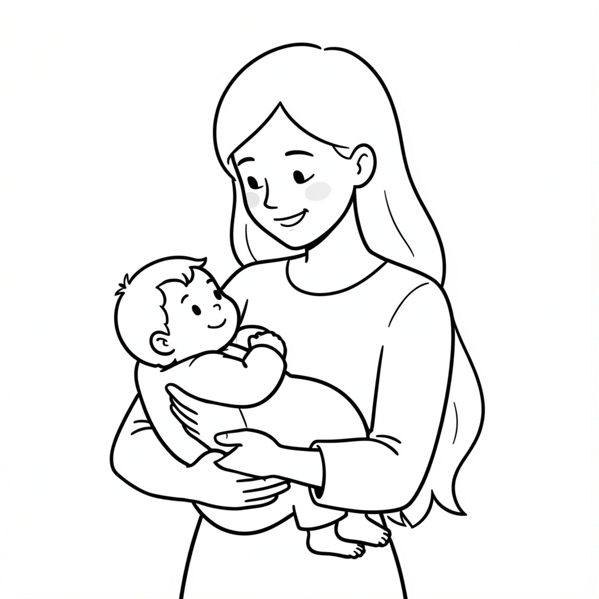 Easy Lady holding a smiling baby gently Drawing Idea (free black-and-white line drawing printable PDF for all, from beginners to advanced learners, including children, teens, adults, and seniors)