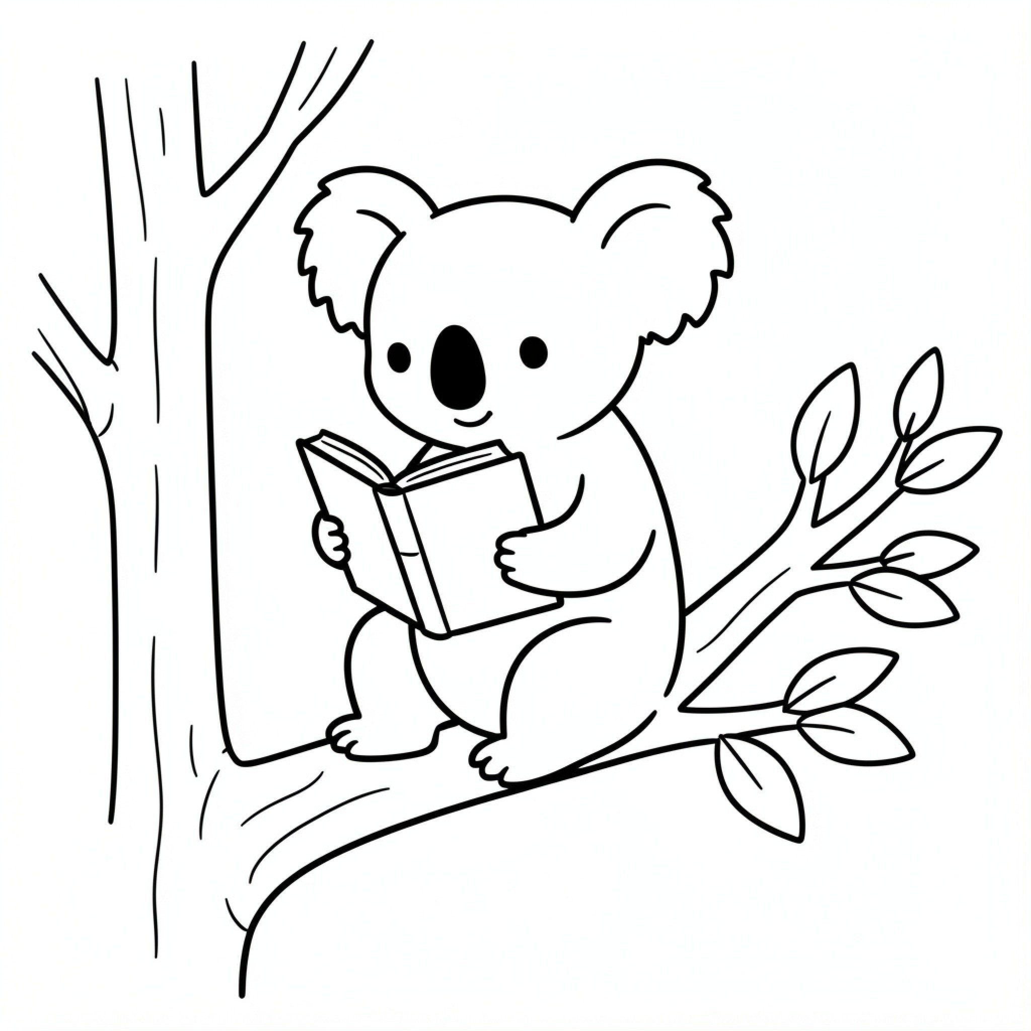 Easy Koala reading a book while sitting on a branch Drawing Idea (free black-and-white line drawing printable PDF for all, from beginners to advanced learners, including children, teens, adults, and seniors)