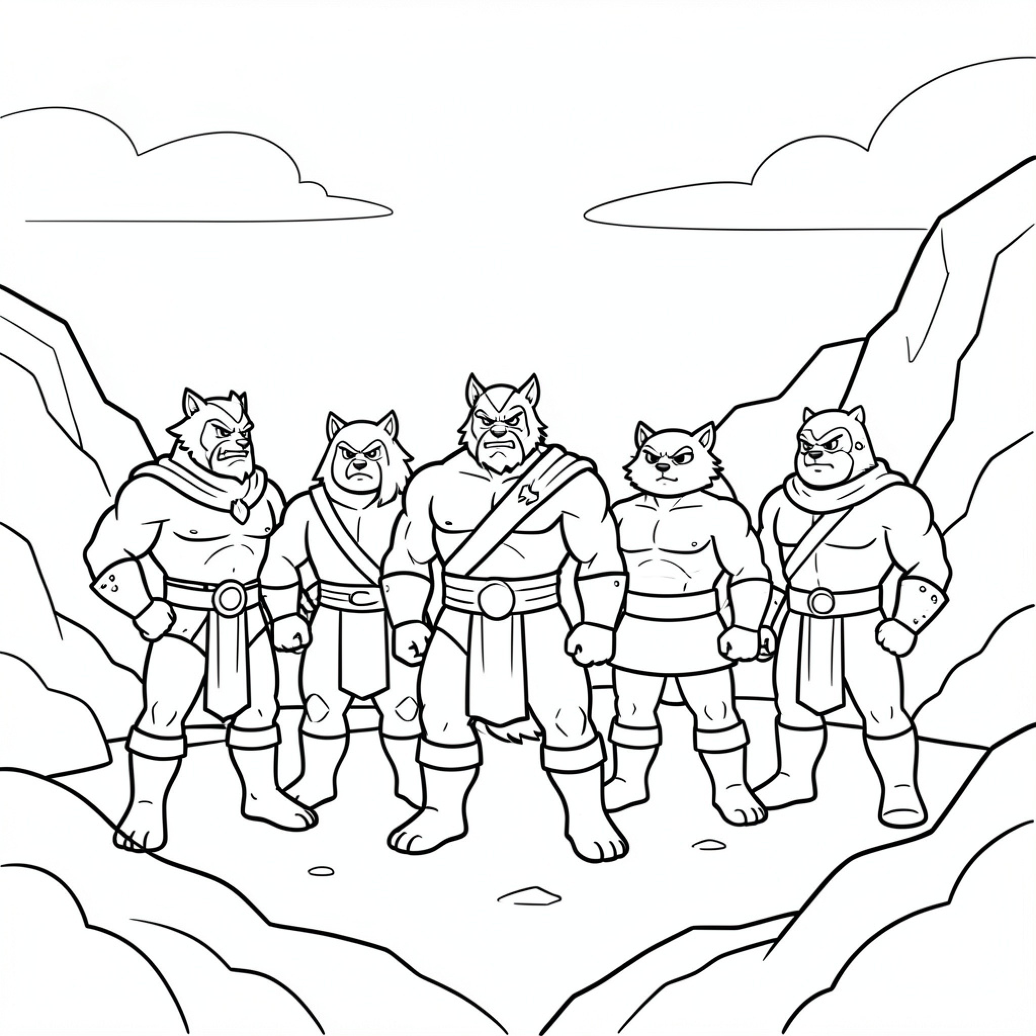 Easy Thundercats standing heroically in a canyon Drawing Idea (free black-and-white line drawing printable PDF for all, from beginners to advanced learners, including children, teens, adults, and seniors)