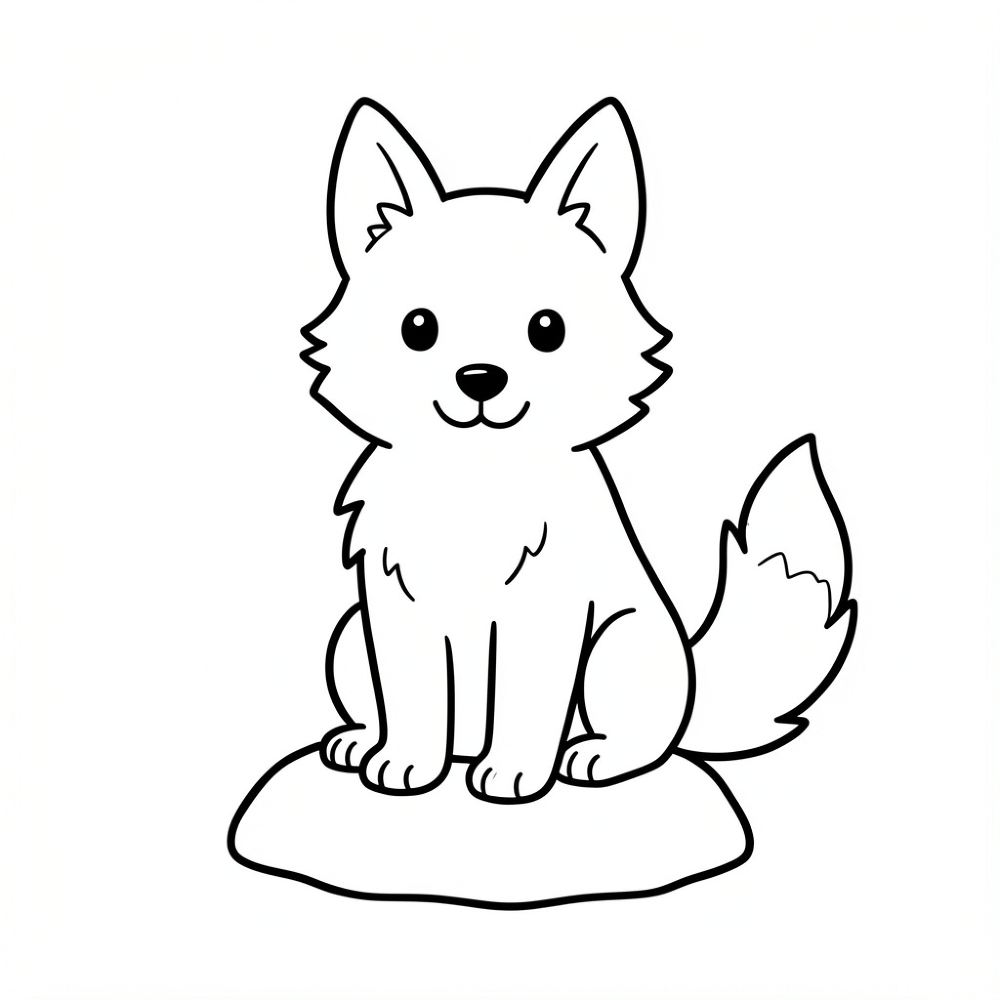 Easy Wolf Pup sitting calmly with a happy expression Drawing Idea (free black-and-white line drawing printable PDF for all, from beginners to advanced learners, including children, teens, adults, and seniors)