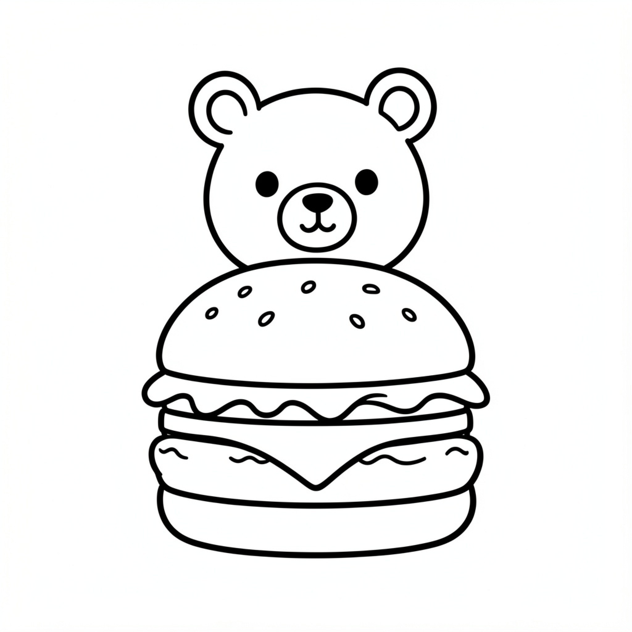 Easy Ours cute bear peeking from behind a hamburger Drawing Idea (free black-and-white line drawing printable PDF for all, from beginners to advanced learners, including children, teens, adults, and seniors)
