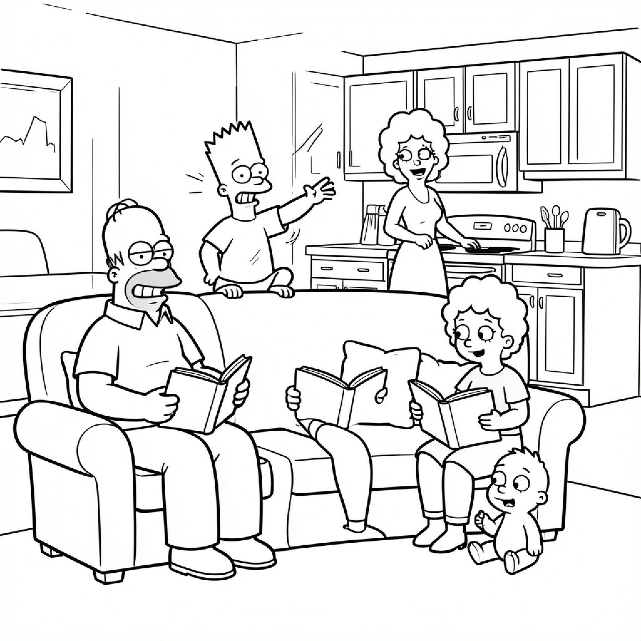 Easy Simpson family reading and playing in living room Drawing Idea (free black-and-white line drawing printable PDF for all, from beginners to advanced learners, including children, teens, adults, and seniors)