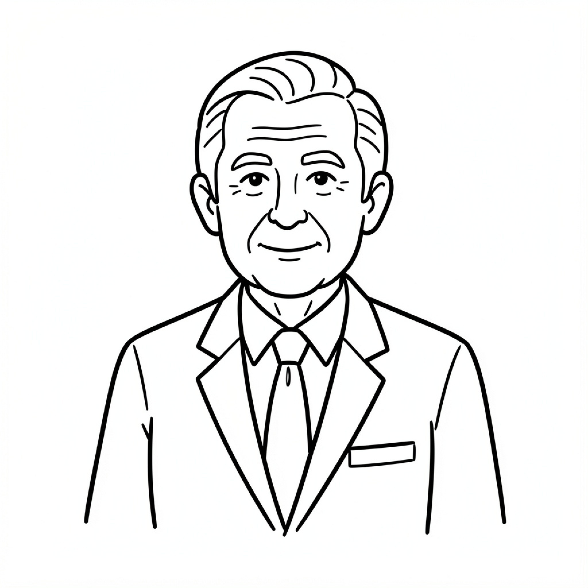 Easy Carlos Slim smiling man in a formal suit Drawing Idea (free black-and-white line drawing printable PDF for all, from beginners to advanced learners, including children, teens, adults, and seniors)