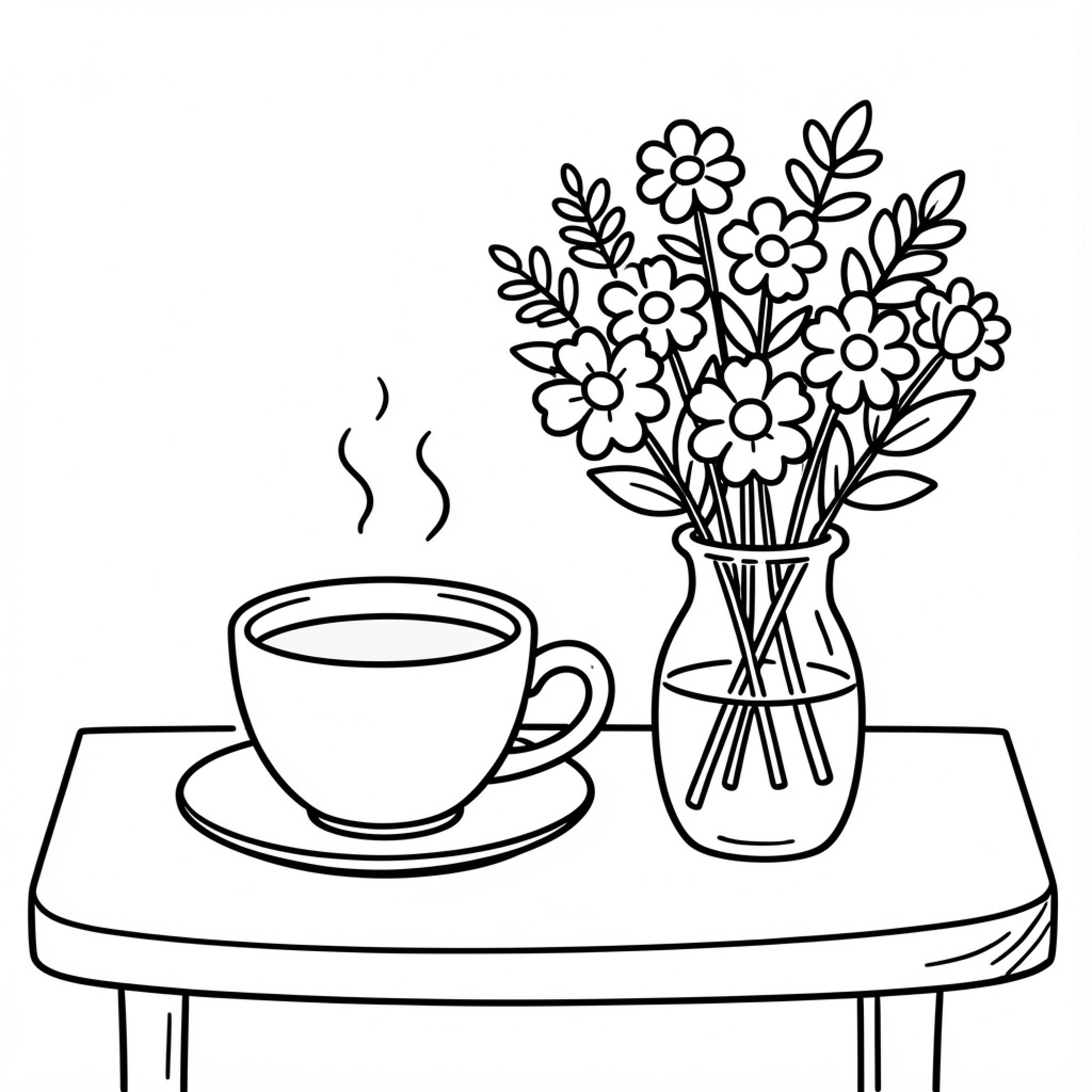 Easy Coffee with steaming cup and flowers Drawing Idea (free black-and-white line drawing printable PDF for all, from beginners to advanced learners, including children, teens, adults, and seniors)