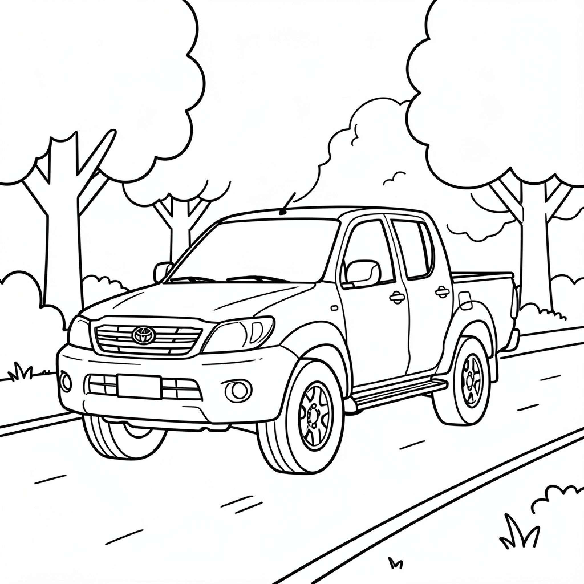 Easy Toyota Hilux driving along a tree-lined road Drawing Idea (free black-and-white line drawing printable PDF for all, from beginners to advanced learners, including children, teens, adults, and seniors)