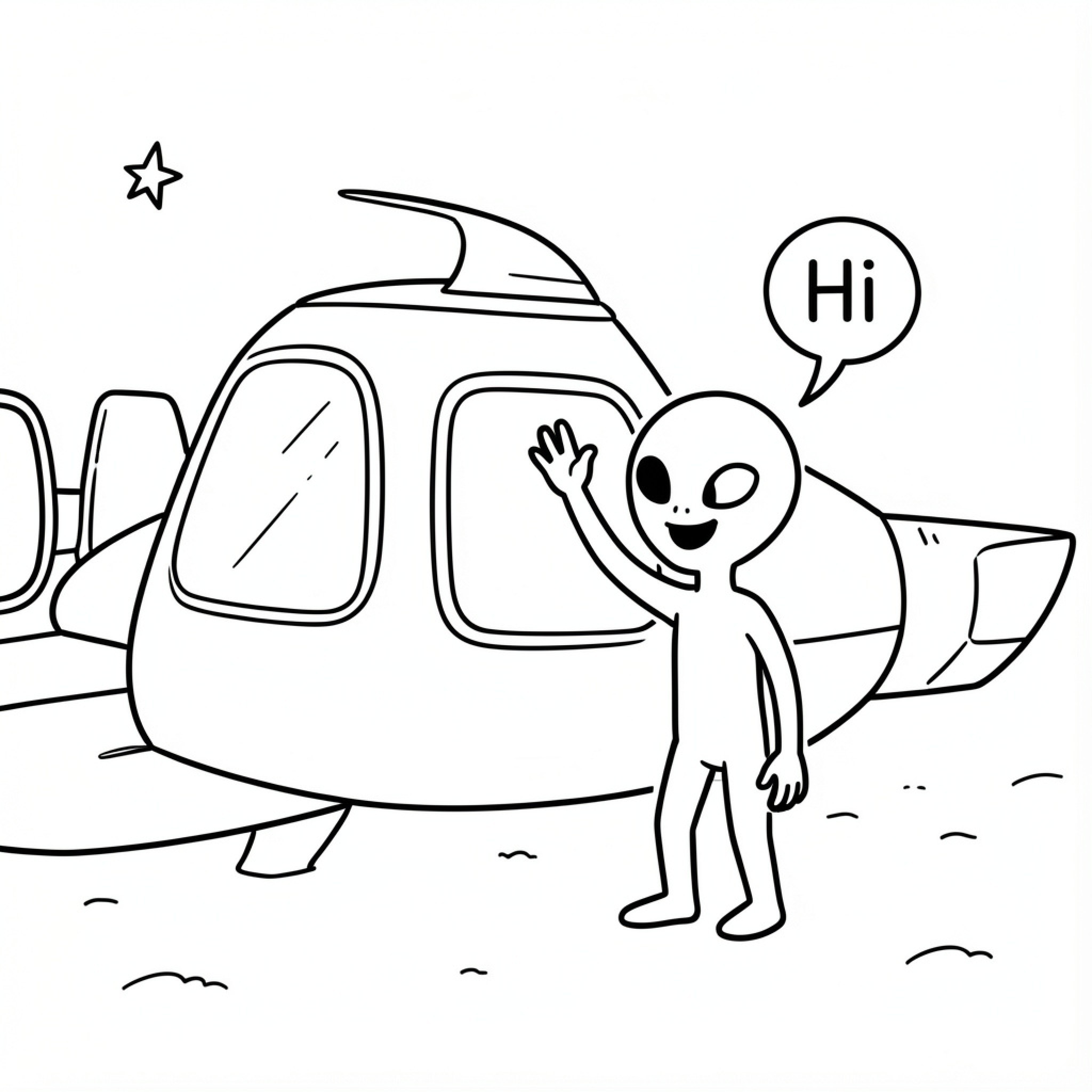Easy Alien waving hello next to a spaceship Drawing Idea (free black-and-white line drawing printable PDF for all, from beginners to advanced learners, including children, teens, adults, and seniors)