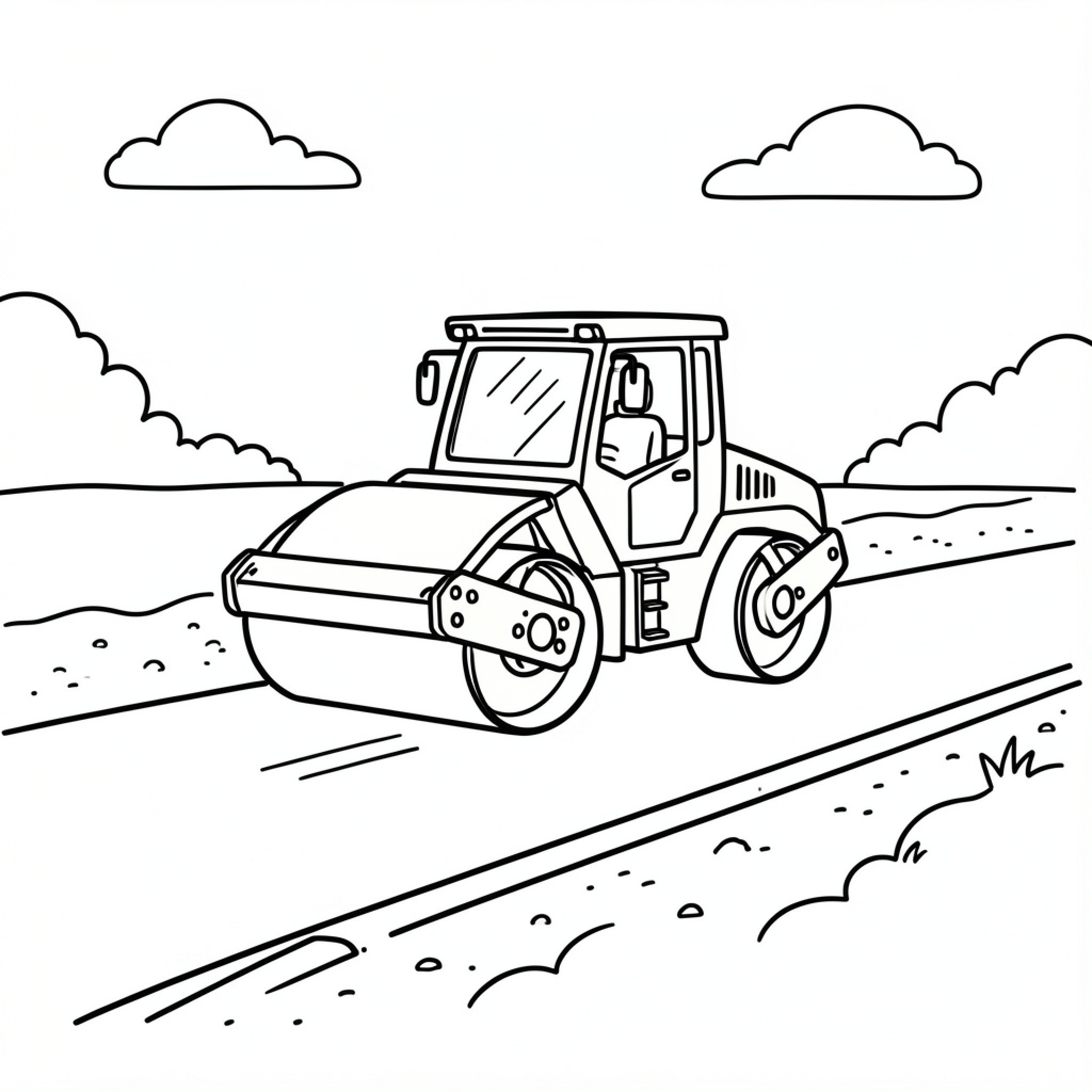 Easy Road Roller driving along a wide path Drawing Idea (free black-and-white line drawing printable PDF for all, from beginners to advanced learners, including children, teens, adults, and seniors)