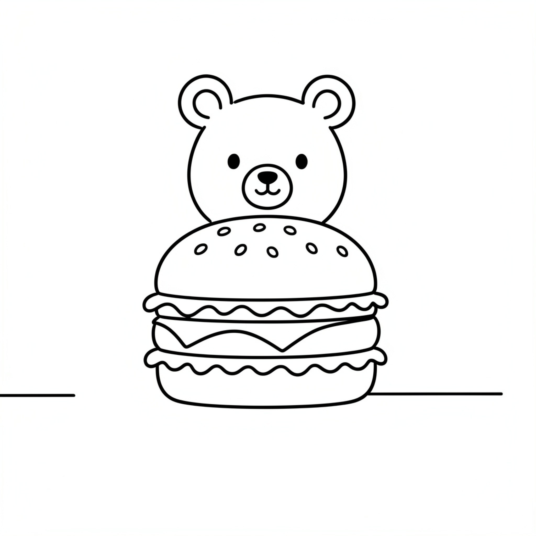 Easy Bear peeking out from behind a large hamburger Drawing Idea (free black-and-white line drawing printable PDF for all, from beginners to advanced learners, including children, teens, adults, and seniors)
